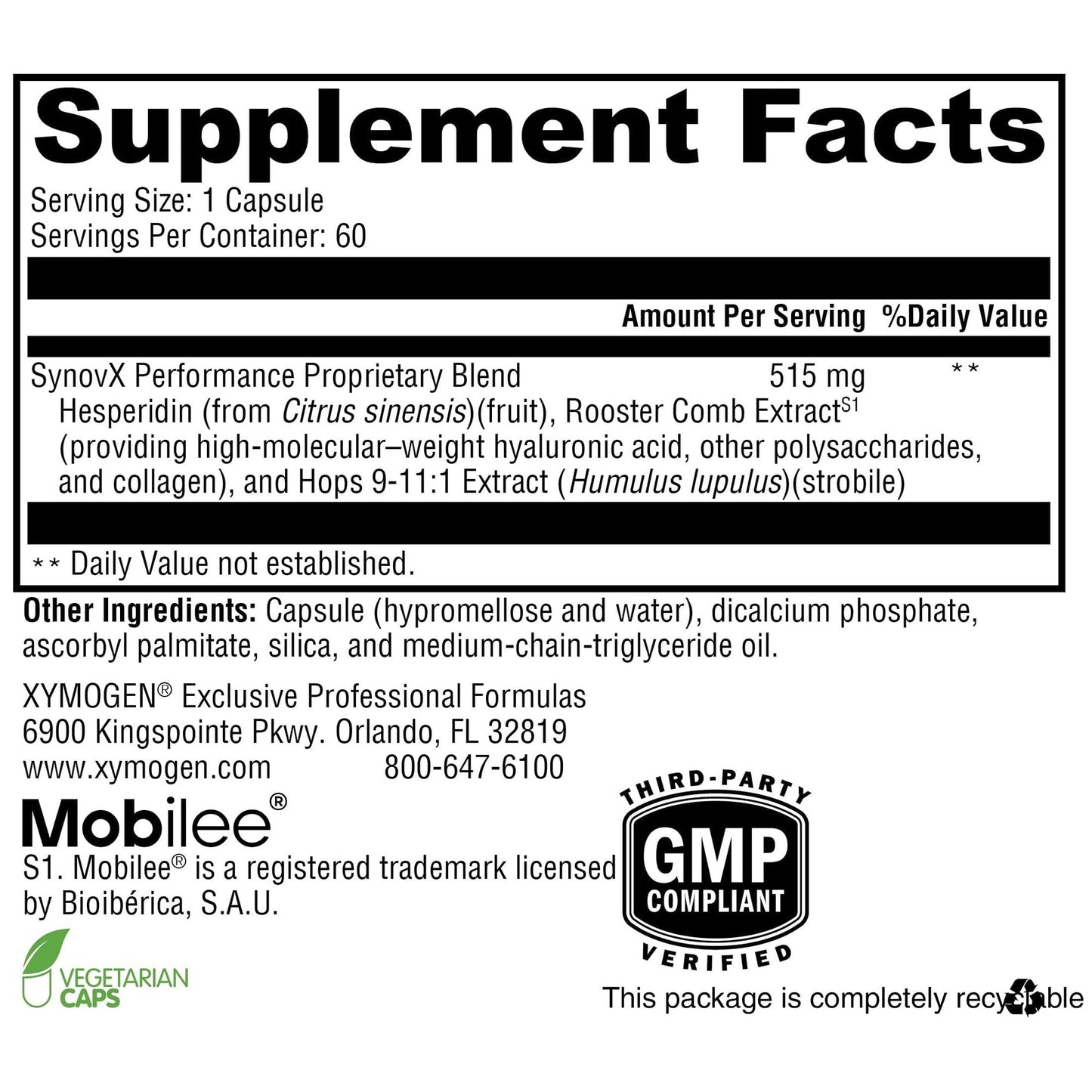 XYMOGEN SynovX Performance - Joint Mobility Support - Active Adult Joint Support Supplement with Boswellia Serrata Extract & Turmeric 60 Capsules