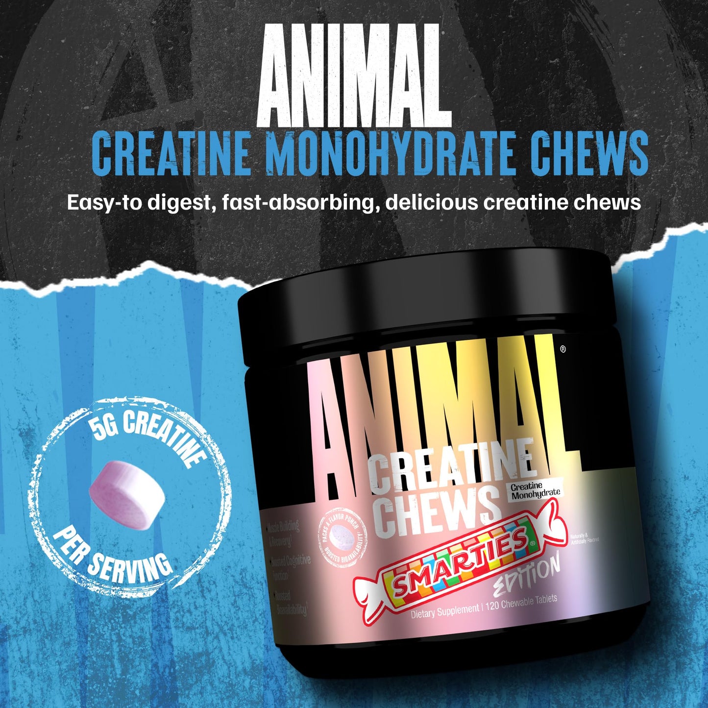 Animal Creatine Chews x Smarties Edition 5g Creatine Monohydrate Chewable, 120 Tablets