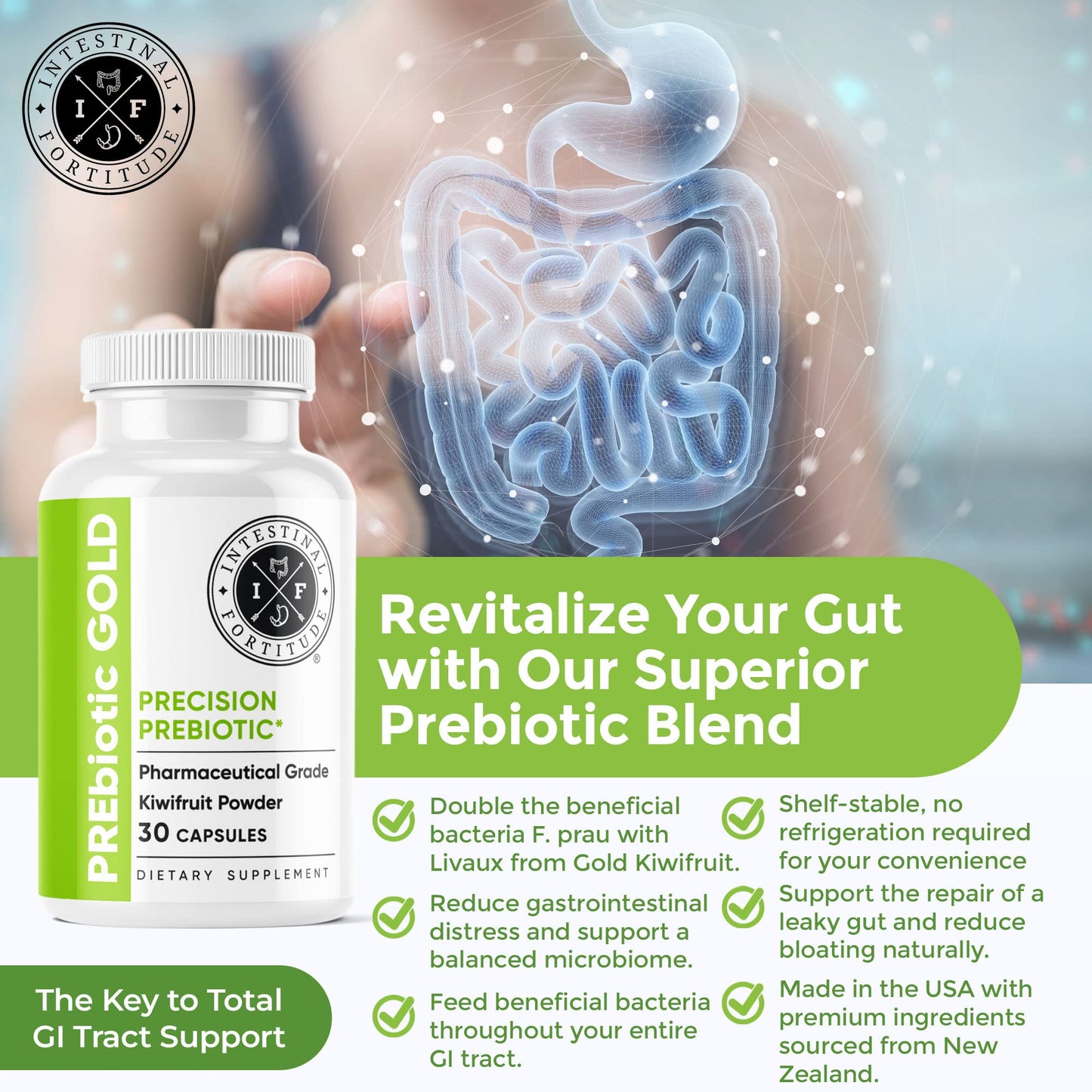 Intestinal Fortitude PREbiotic Gold: Kiwifruit Fiber, Butyrate & Prebiotic Restore Capsules, 30 Capsules