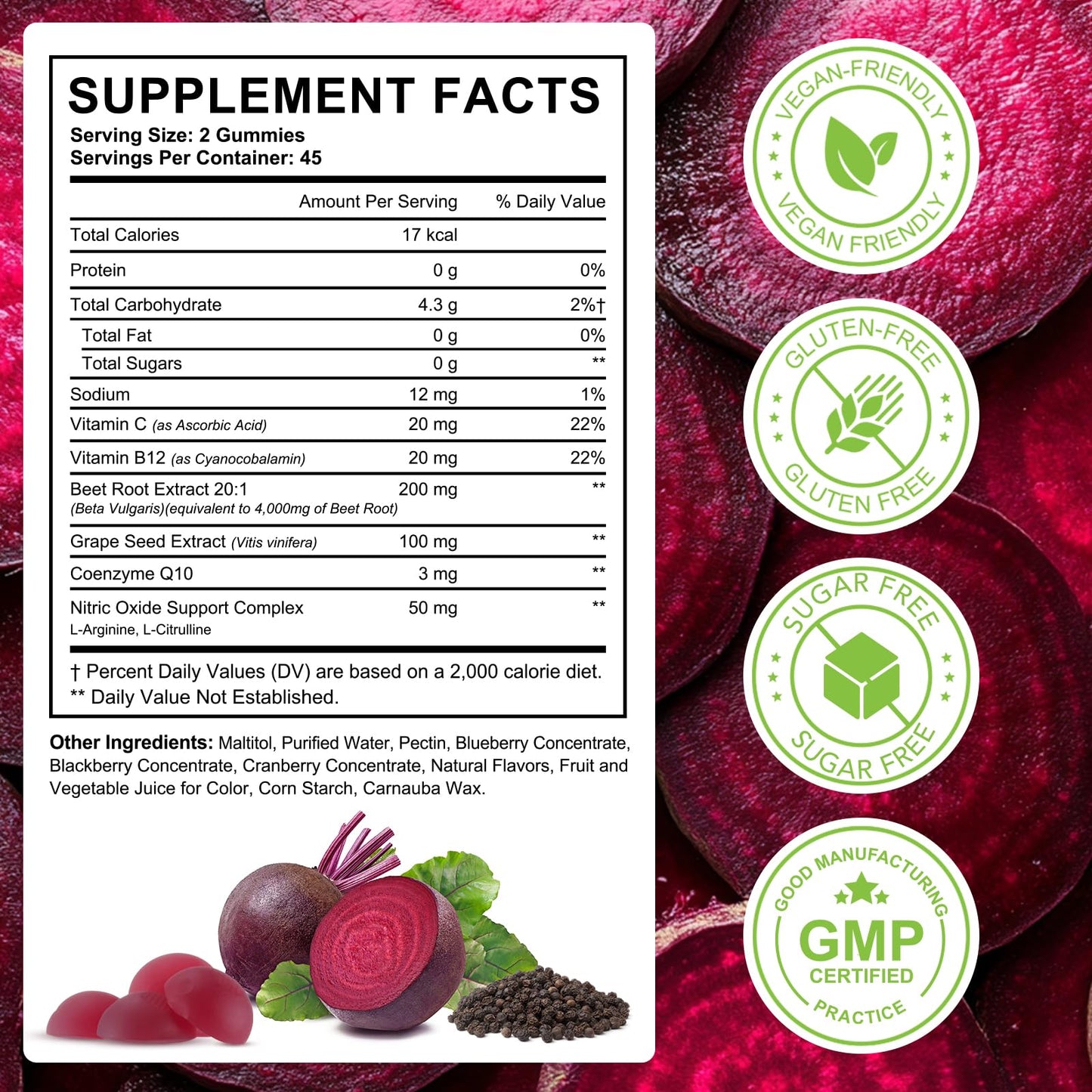 TAKNFDMY Beet Root Gummies 8 in 1 with CoQ10, Grape Seed, Vitamin C & B12 Sugar Free, 180 Gummies