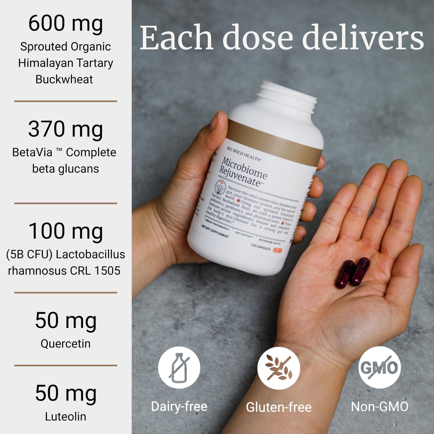 BIG BOLD HEALTH Microbiome Rejuvenate Prebiotic + Probiotic Supplement for Gut Health & Immune Support with Himalayan Tartary Buckwheat Gluten-Free Capsules, 120