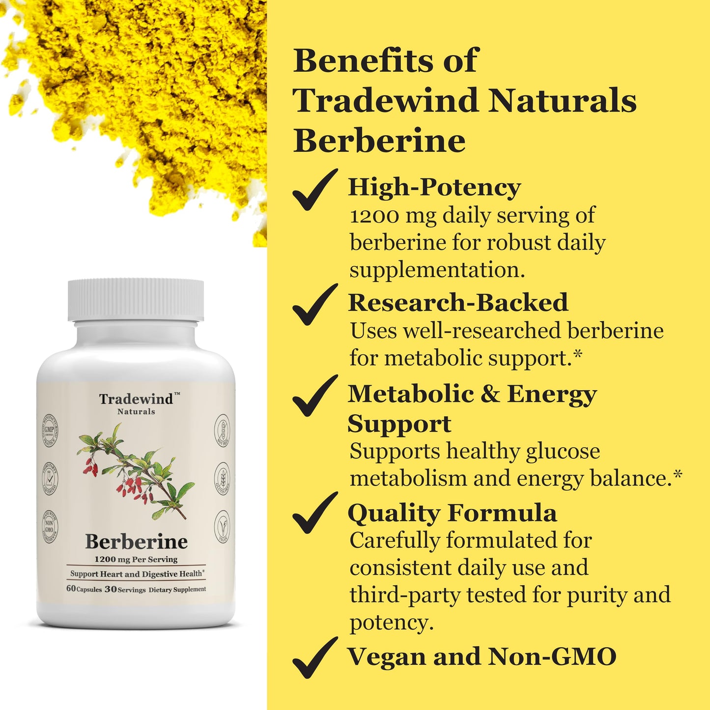 Tradewind Naturals Berberine HCl 1200mg Capsules, 60 Count
