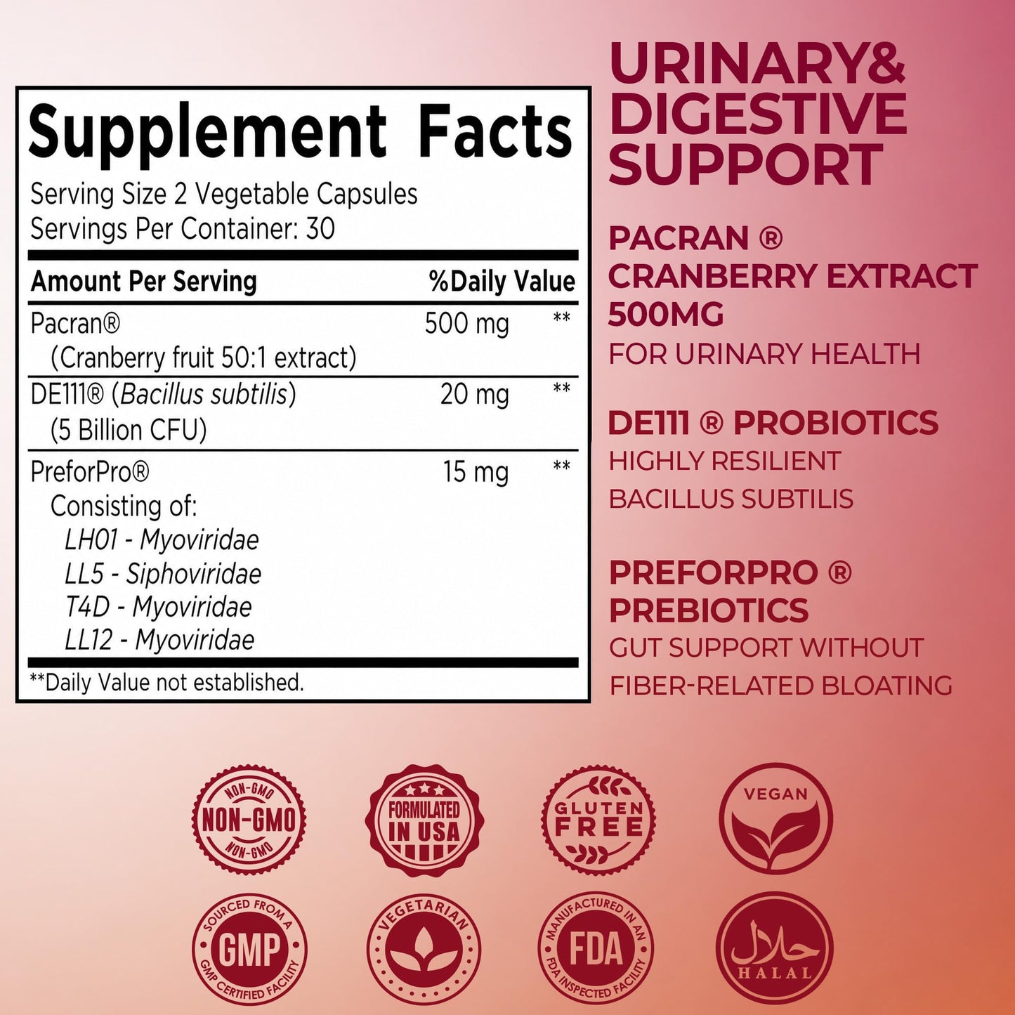 Prebiolume Cranberry Pills for Women Urinary Tract & Digestion Supplement Pacran® Cranberry Extract 500mg with DE111® Probiotics & PreforPro® Prebiotics Blend Capsule 30 Count