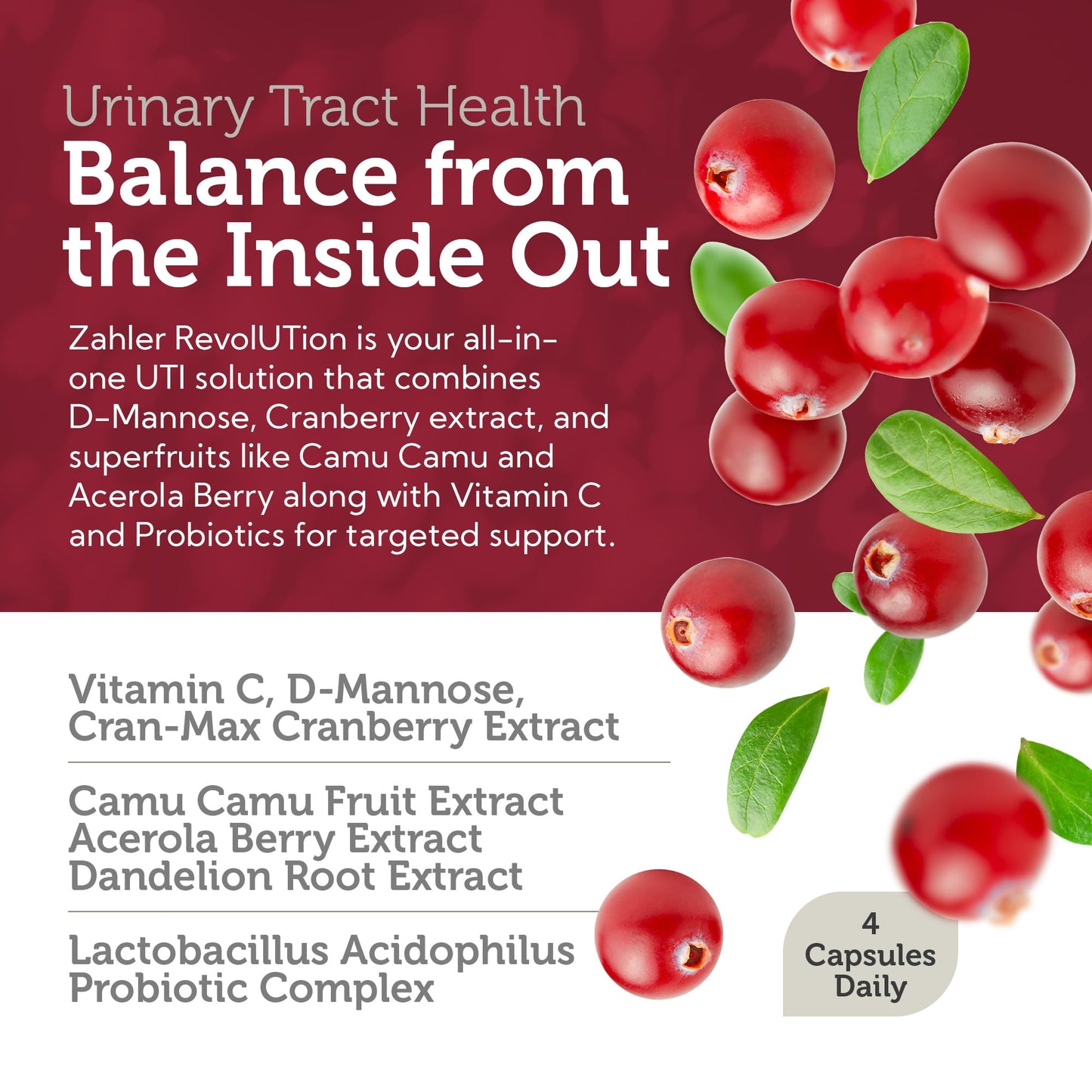 Zahler Revolution Complete Women's Urinary Tract Health Formula with Probiotics UTI Pills 1200mg D-Mannose and Cranberry Supplement Urinary Tract Infection Support for Women, 60 Capsules