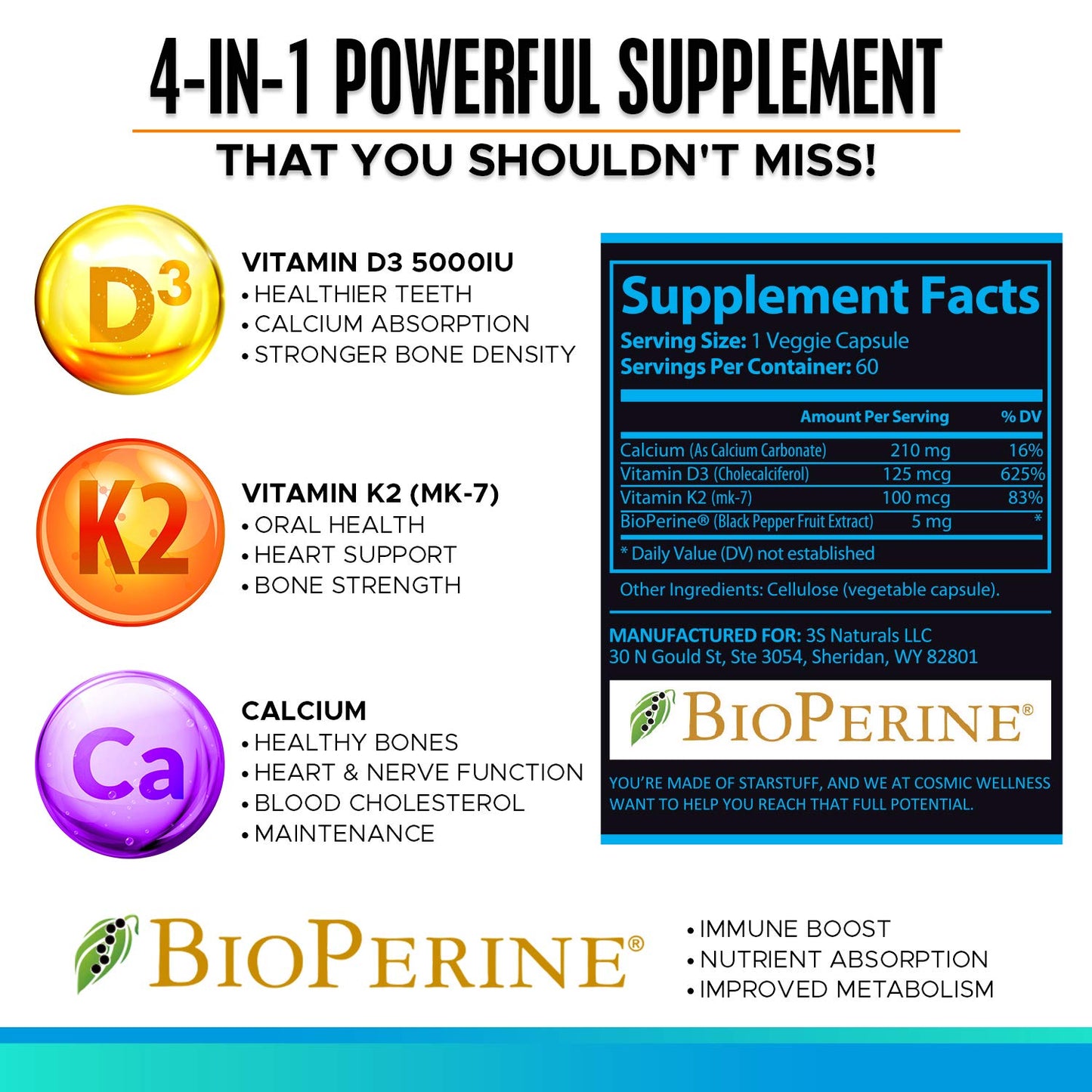 COSMIC WELLNESS K2 D3 Vitamin Supplement 5000 IU Capsules, 60 Count