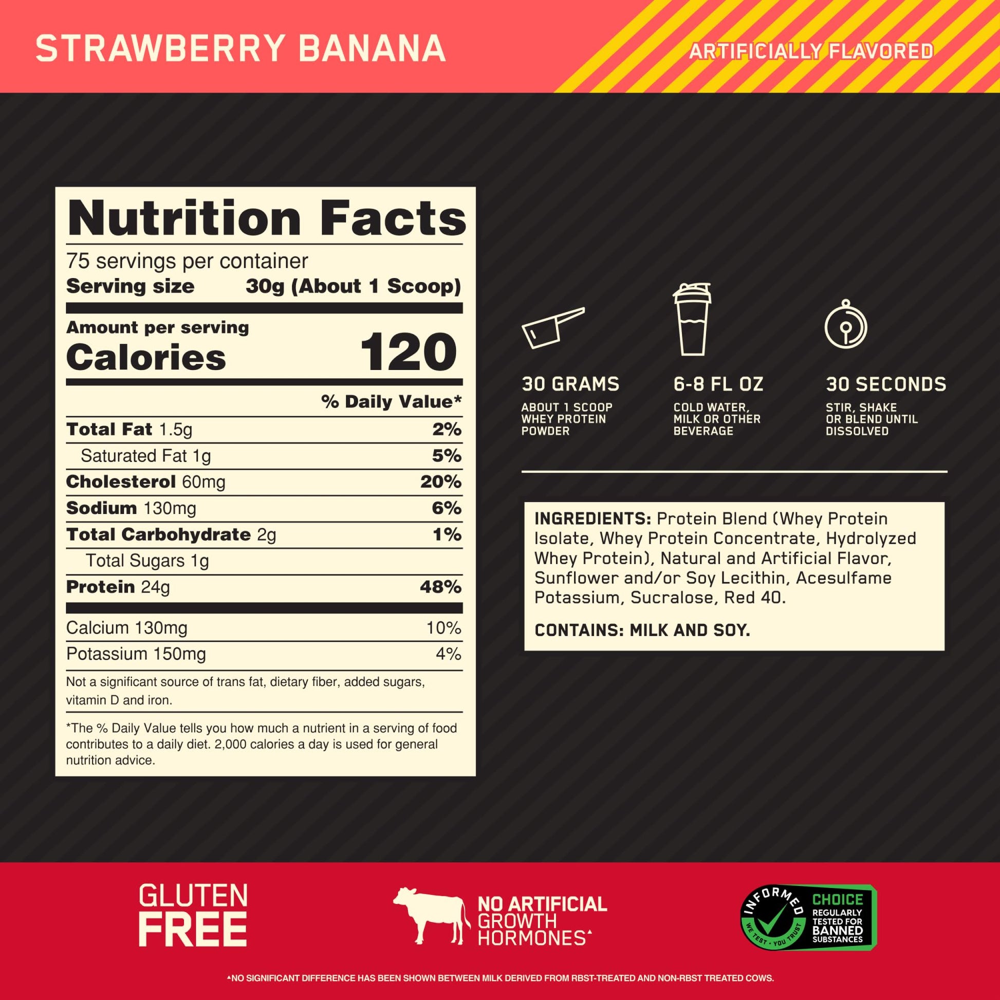 Optimum Nutrition Gold Standard 100% Whey Protein Powder, Strawberry Banana, 5 Pound, 80 Servings