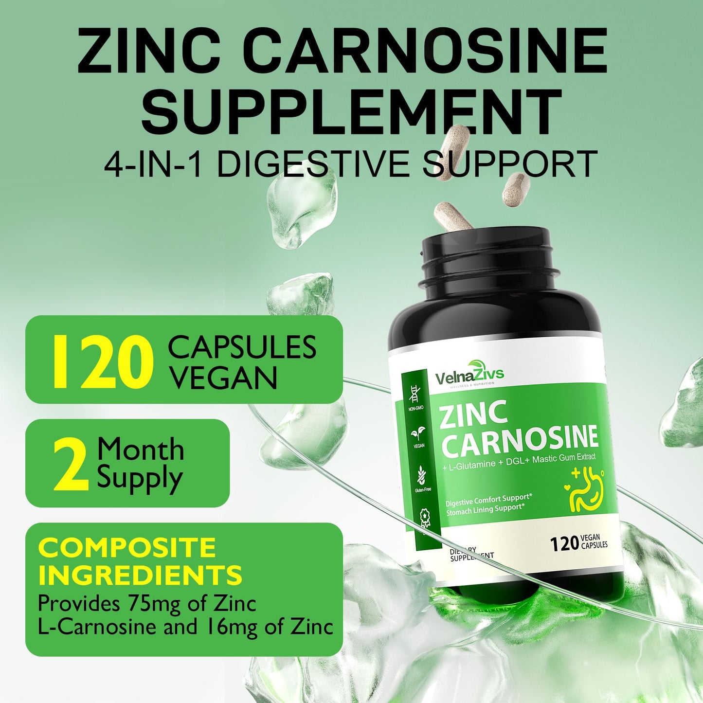 Velna zivs Zinc Carnosine & Mastic Gum with DGL Gut Lining 120 Capsules