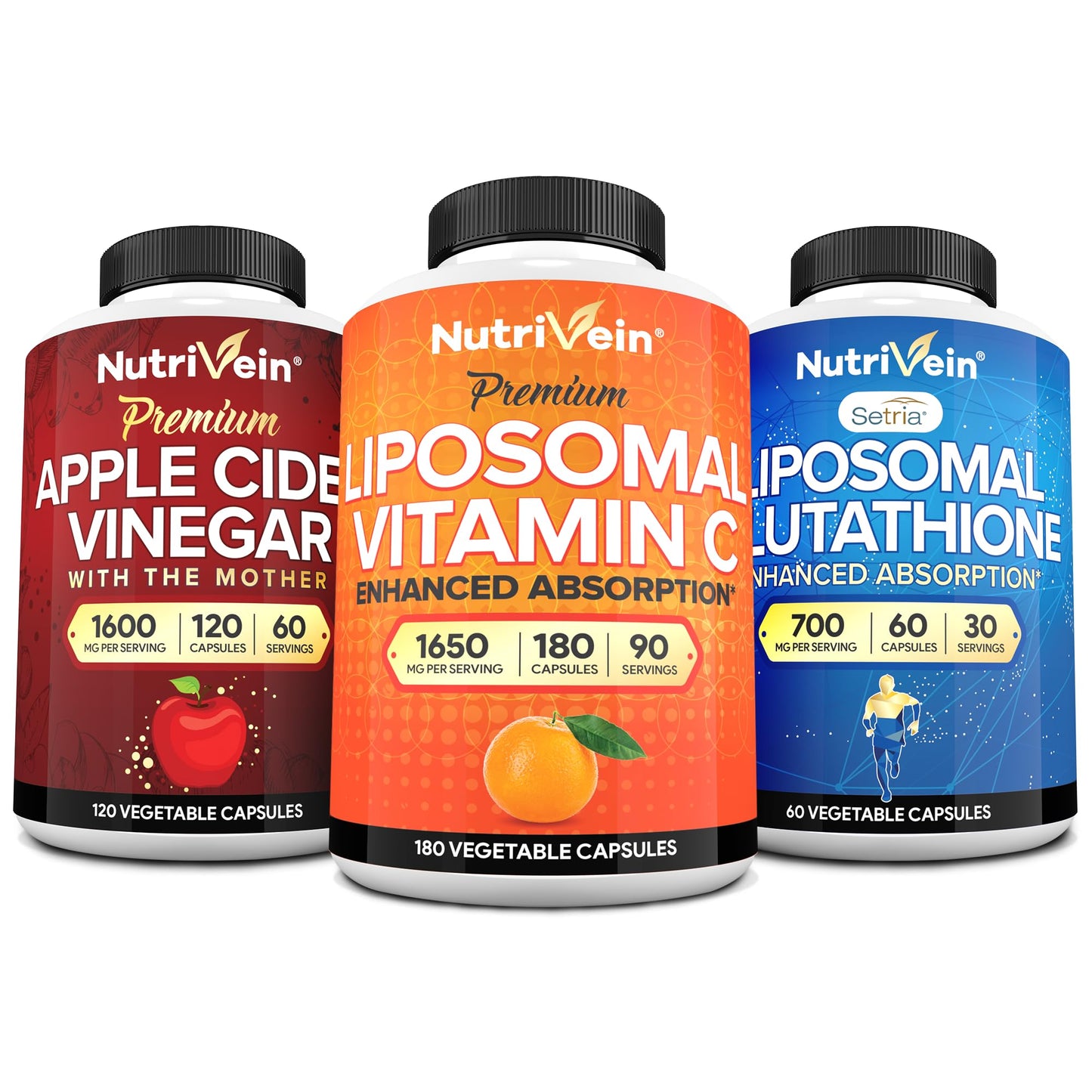 Nutrivein Liposomal Glutathione, Apple Cider Vinegar Capsules & Vitamin C Capsules Bundle, 360 Capsules