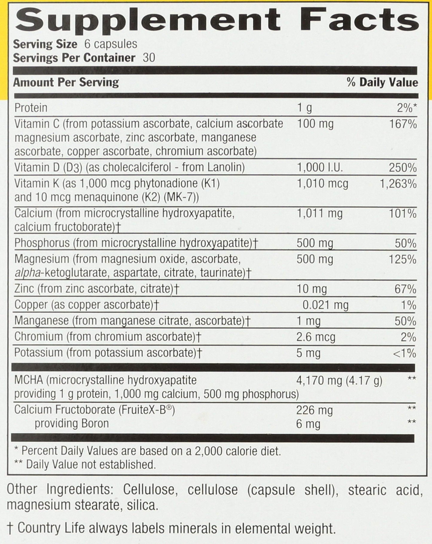Country Life Bone Solid - Bone Health Supplement with Microcrystalline Hydroxyapatite (MCHA), Calcium, Magnesium, Zinc, Vitamins K2 & D3 for Enhanced Bone Strength & Metabolism, 180 Capsules