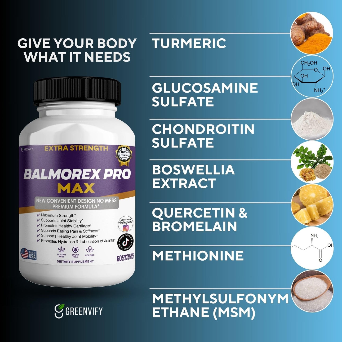 GREENVIFY Balmorex Pro Max Extra Strength Joint Support Supplement Capsules, 180 Count