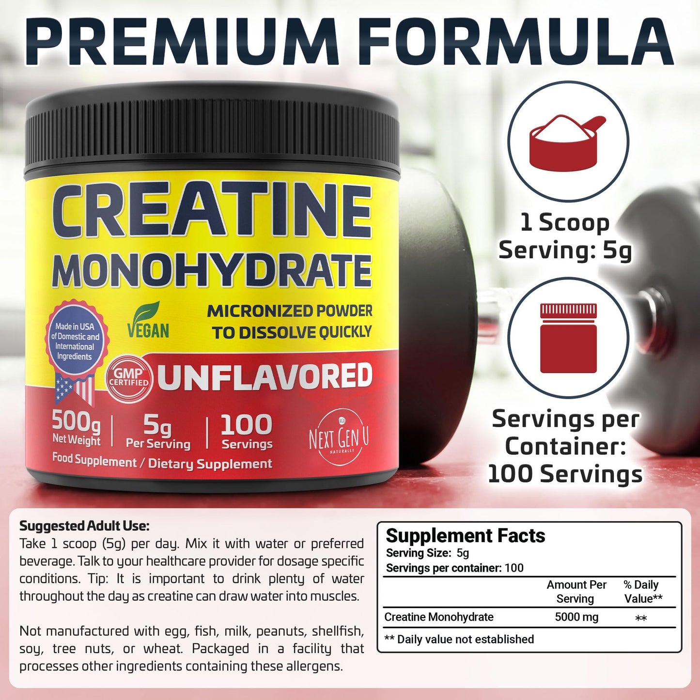 NGU Next Gen U Vegan Creatine Monohydrate Powder, 17.637 oz