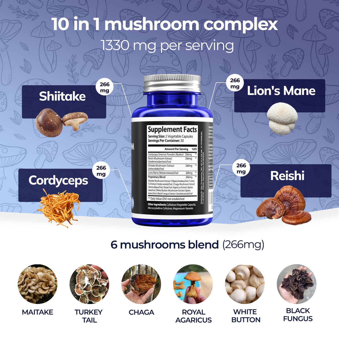 Vital-J Empowering Mushroom Power Complex 10-in-1 W/Cordyceps, Reishi, Shiitake & Lions Mane Nootropic Dietary Supplement for Gut Microbiome, Focus, Energy & Vitality, 60 Capsules