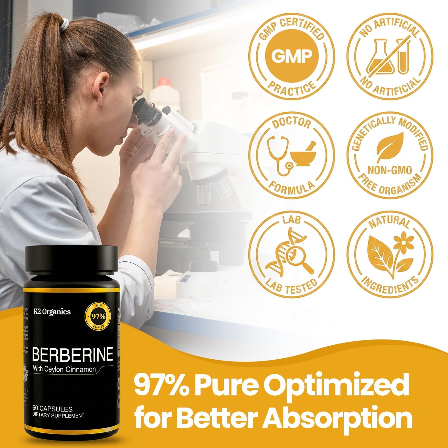 K2 Organics Berberine with Ceylon Cinnamon 1200mg Capsule, 60 Count