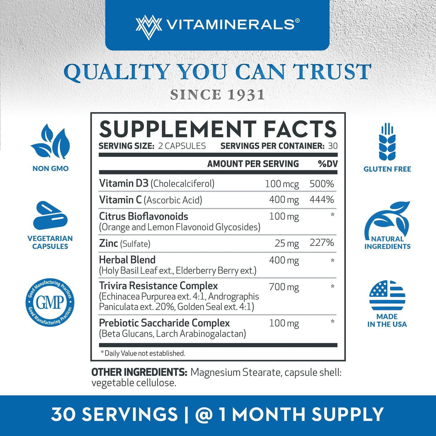 Vitaminerals TRIVIRA Vitamin C Vitamin D3 Zinc Herbs Prebiotics Capsules, 60 Count