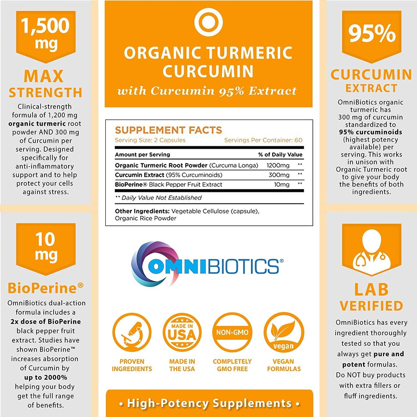OmniBiotics Organic Turmeric Curcumin Supplement with Black Pepper Extract, 1500mg Turmeric with 95% Curcuminoids & BioPerine, High Absorption for Joint Support, 120 Vegan Capsules
