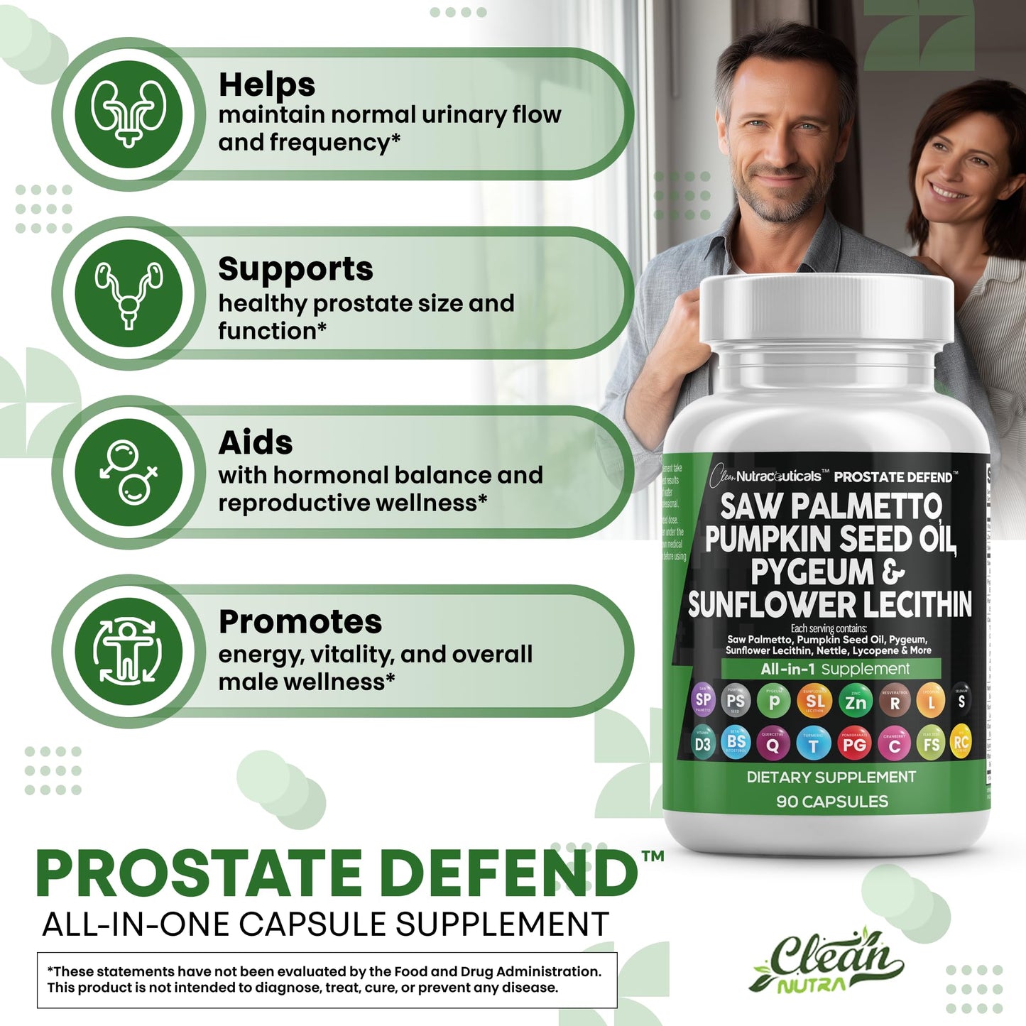 Clean Nutraceuticals Saw Palmetto Prostate Support with Pumpkin Seed Oil, Pygeum, Sunflower Lecithin, Stinging Nettle, Cranberry and Lycopene 180 Capsules
