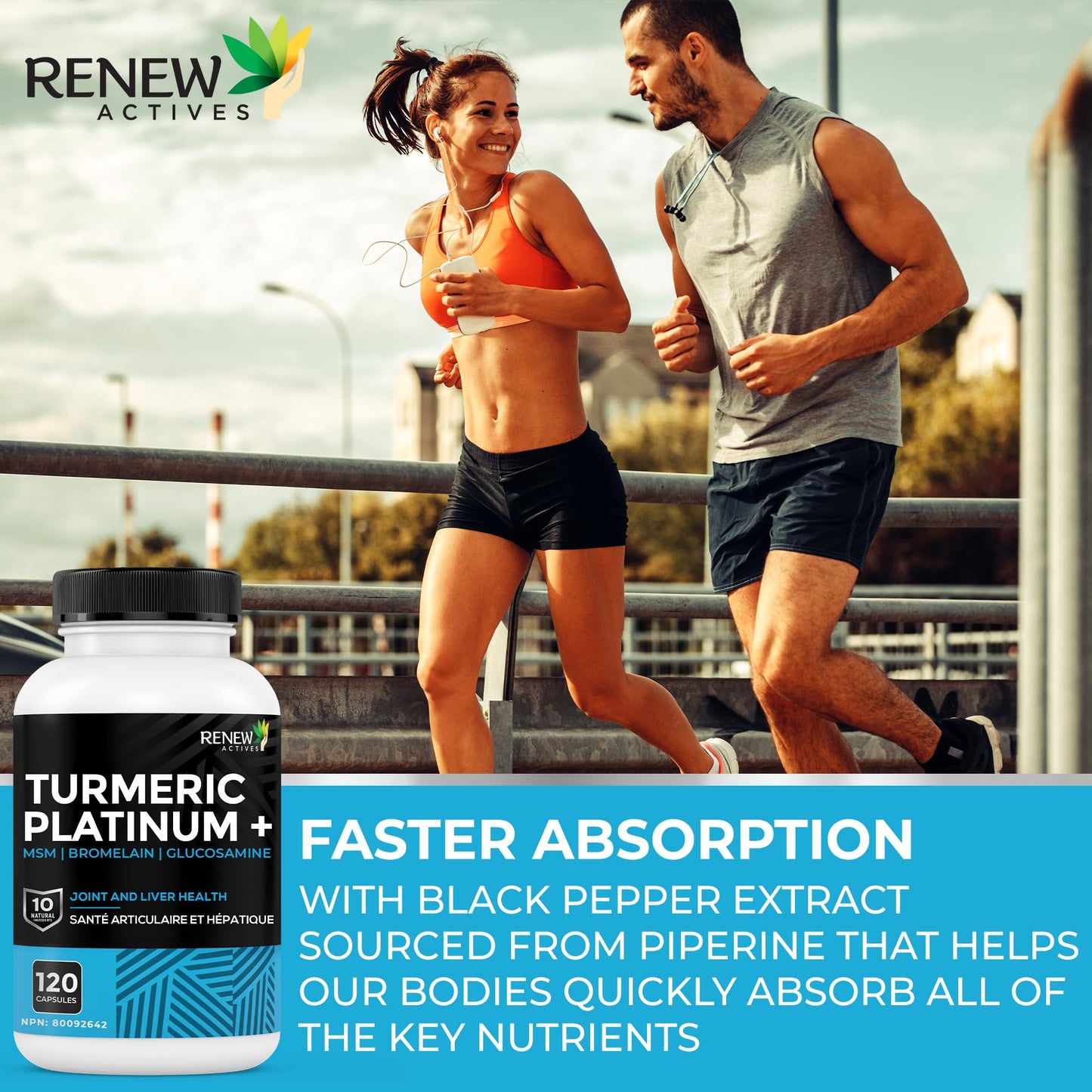 Renew Actives Turmeric Platinum 1350MG per 3 Capsules with Black Pepper & Ginger, 120 Capsules