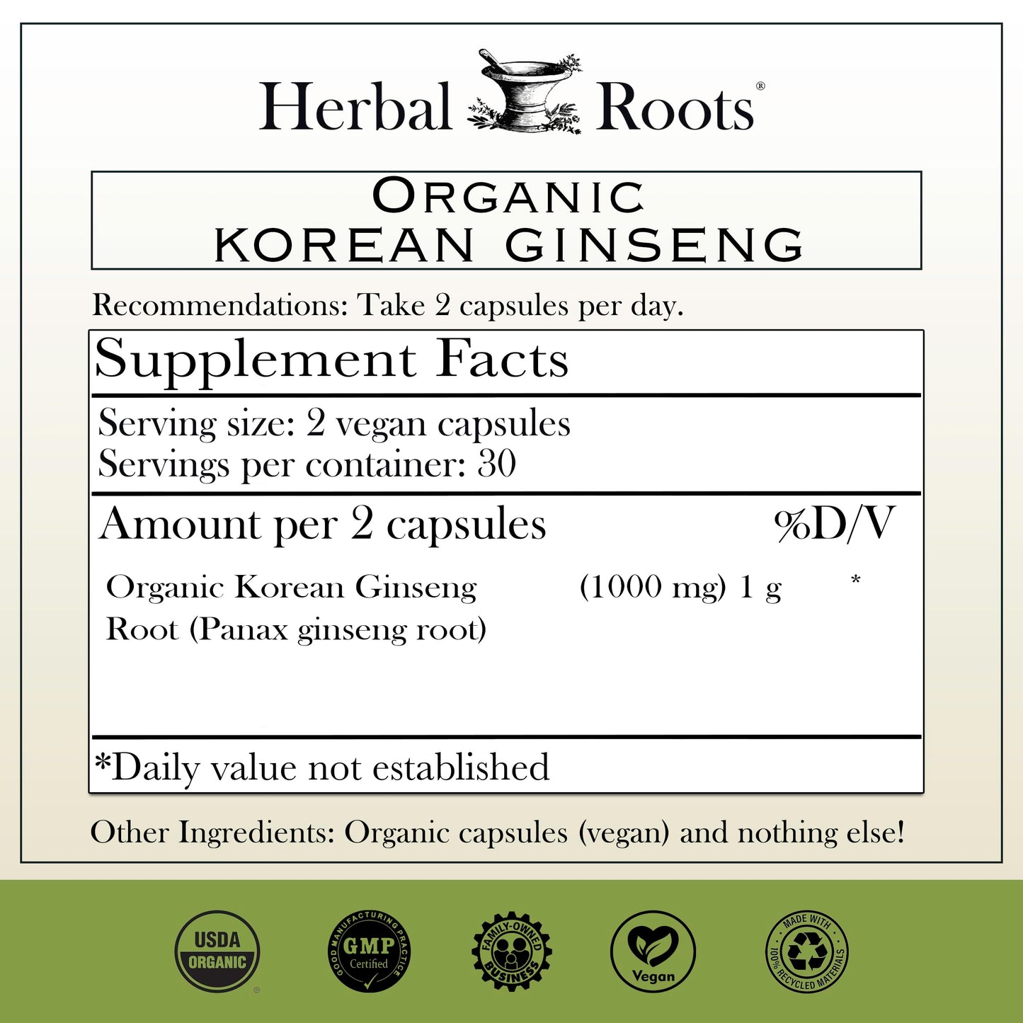 Herbal Roots Panax Ginseng Capsule 60 Capsules
