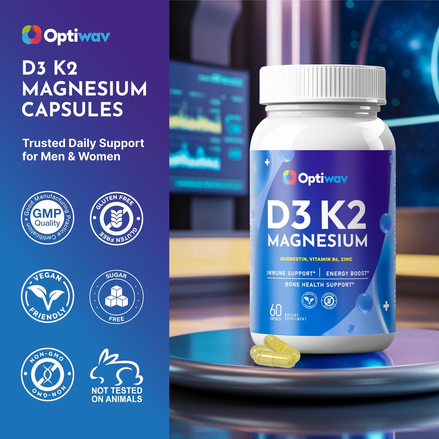 Optiwav Vitamin D3 K2 Magnesium Glycinate Zinc Quercetin Capsule 60 Count