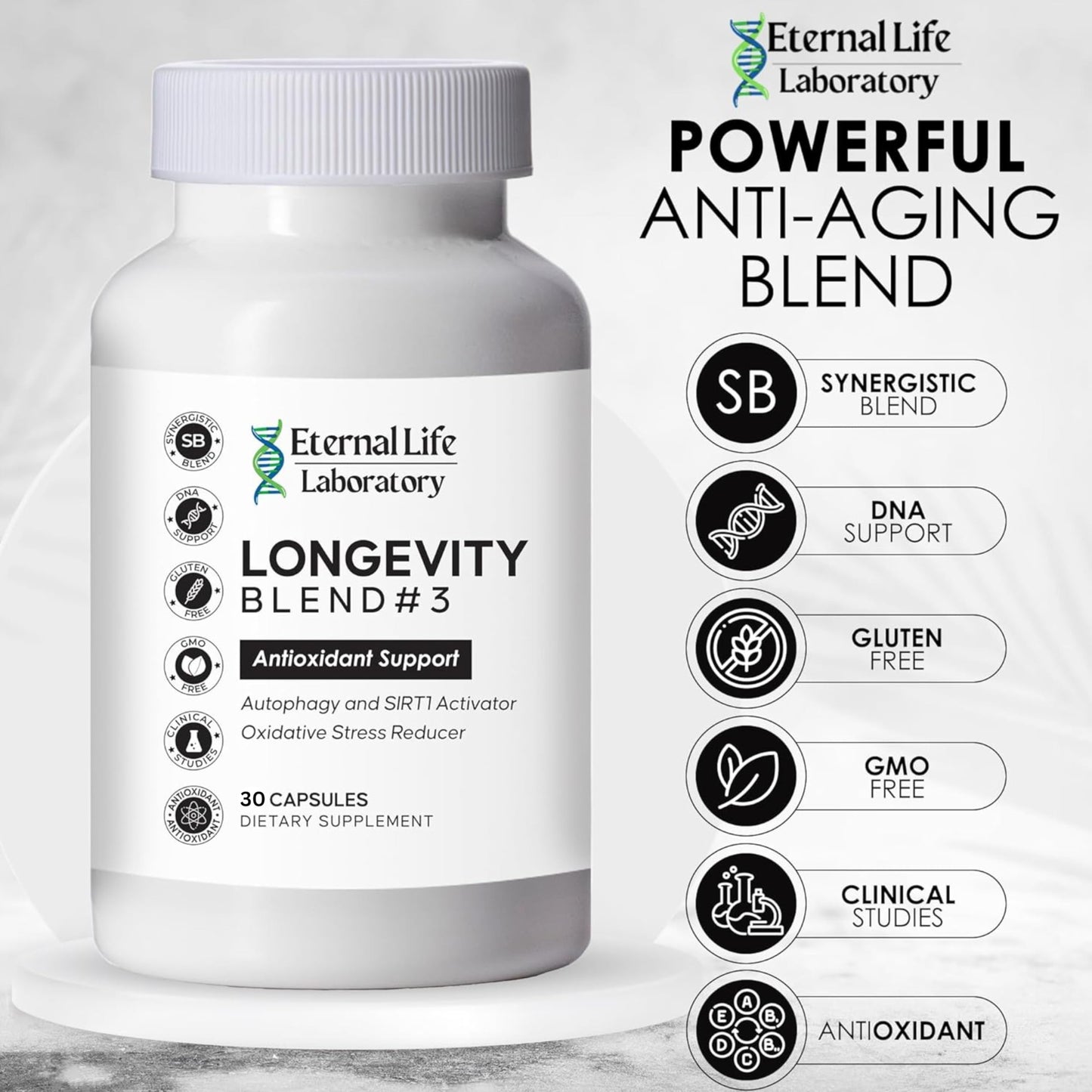 Eternal Life Laboratory Longevity Blend #3 Resveratrol 98% with Fisetin Pterostilbene Spermidine Anti Aging Oxidative Stress Reducer Antioxidant Supplement AMPK Activator 30 Capsules