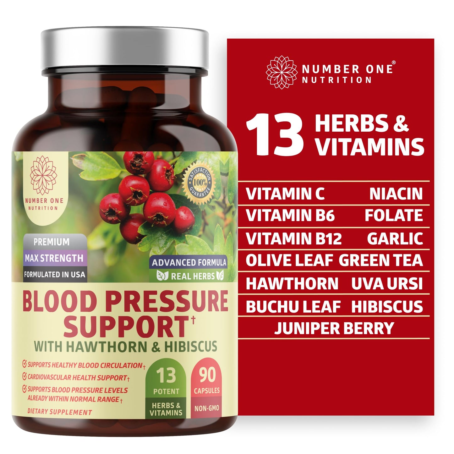Number One Nutrition N1N Premium Blood Pressure Support with Hawthorn and Hibiscus Capsule 90 Count