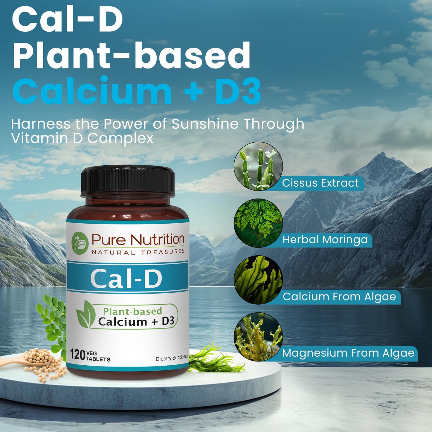 Pure Nutrition Natural Treasures Cal D - Plant Based Calcium with Vitamin D3, K2 & Magnesium, 120 Tablets