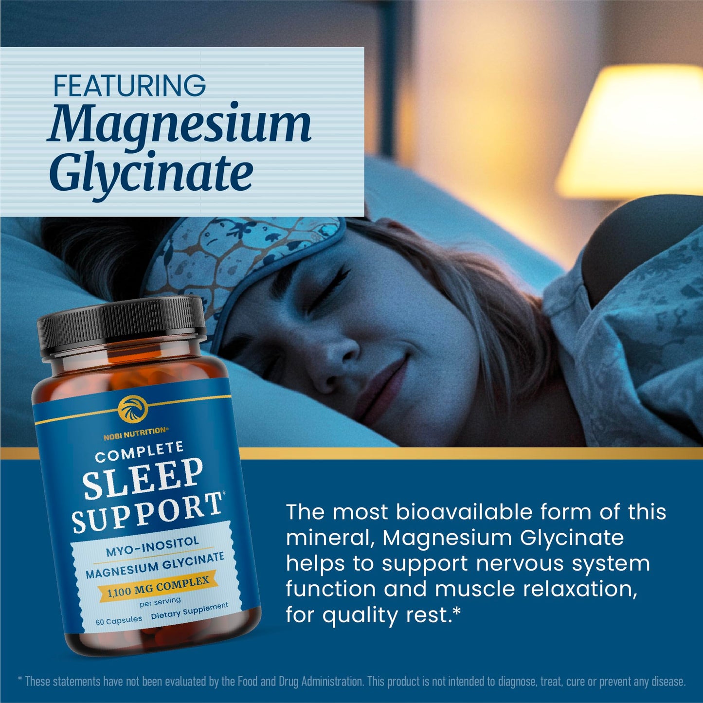 Nobi Nutrition Complete Sleep Support, Myo Inositol + Magnesium Glycinate 1100MG Complex, 60 Capsules