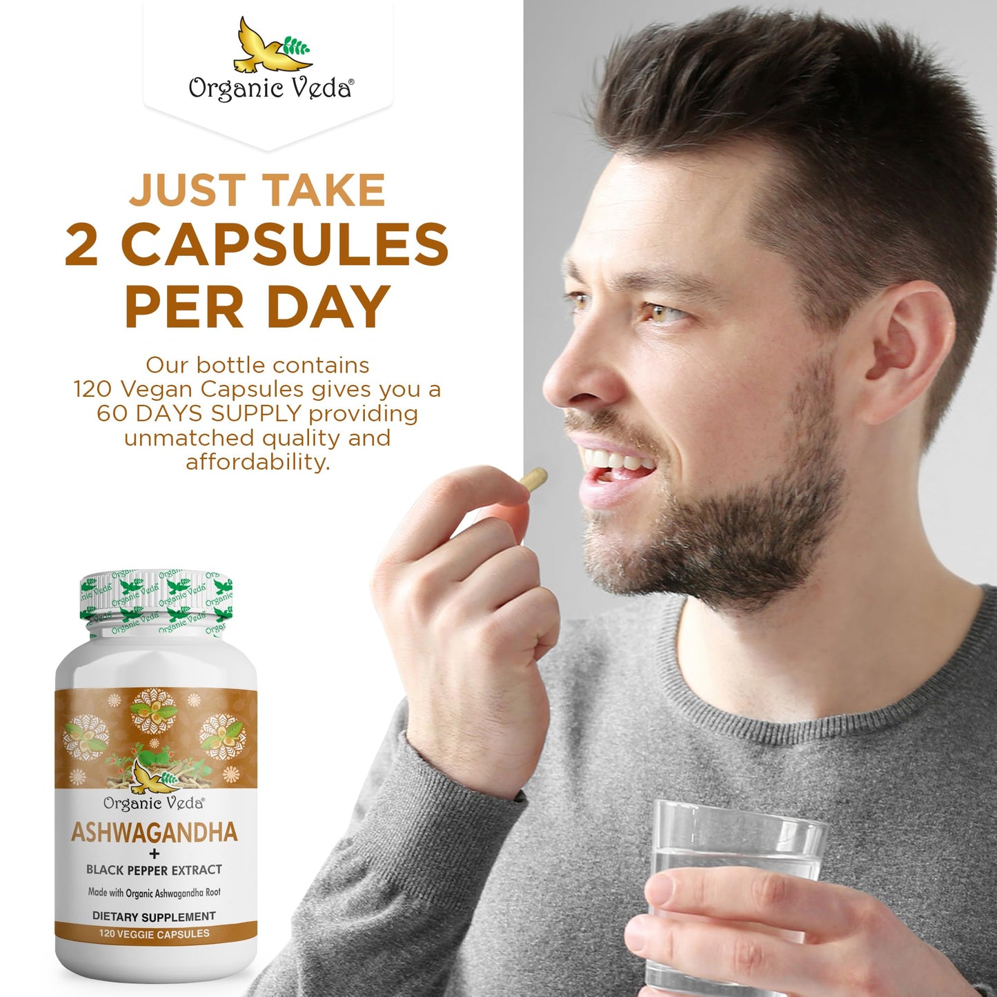 Organic Veda Ashwagandha Capsules Full Strength with Black Pepper Extract, 120 Veg Capsules