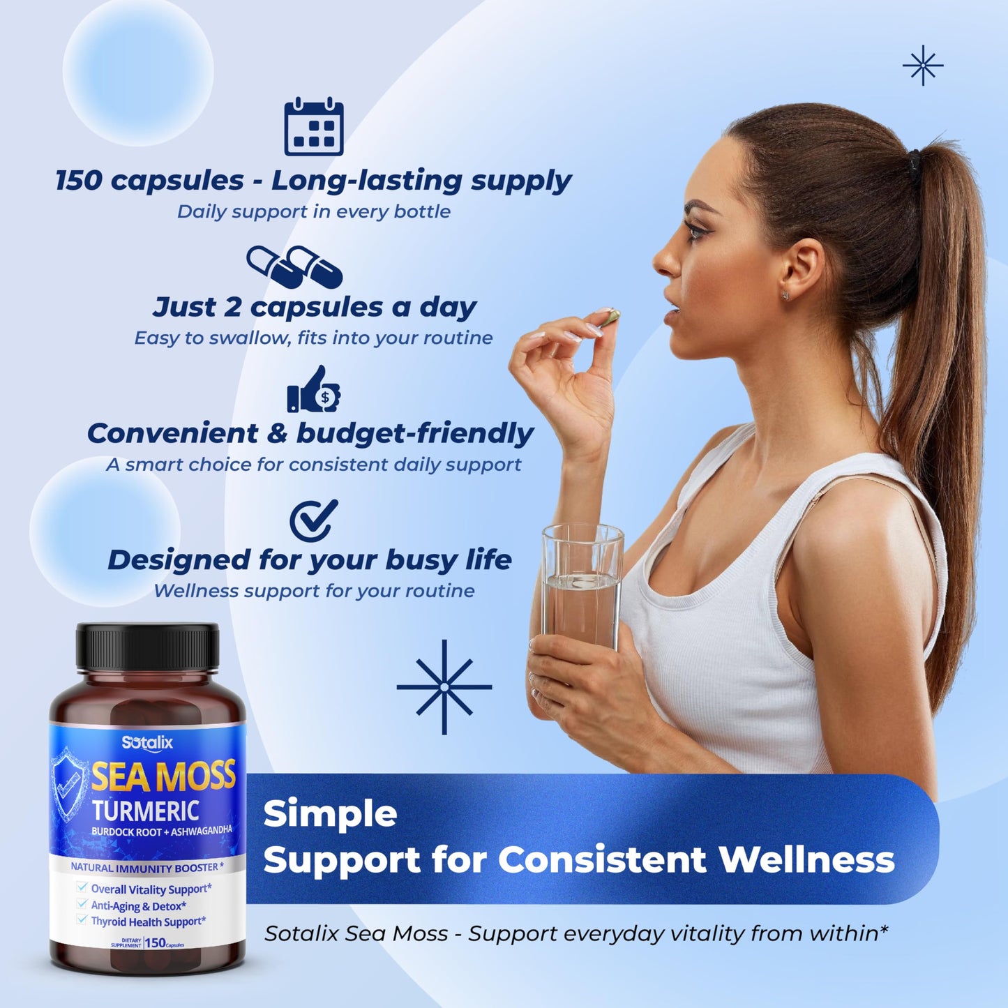 Sotalix Supplement Sea Moss Capsules with Ashwagandha, Burdock Root, Bladderwrack, Turmeric, 90 Count