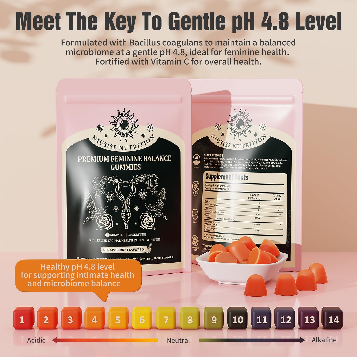 NIUSISE Feminine Balance Gummies, Premium Balance Supplement for Women PH Health, Immune Support, Energy Support, Vegan, Gluten-Free, Strawberry Flavor, Delicious 60 Gummies, 1 Pack 30 Servings