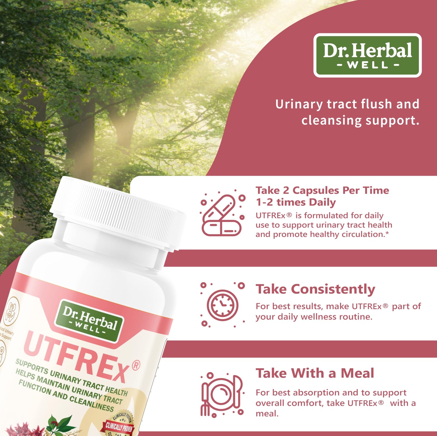 DR. HERBAL WELL UTFREX Clinically Proven Urinary Tract UTI Health Supplement Natural Support Cleanse Flush Protect No Probiotics & D-Mannose 60 Capsules
