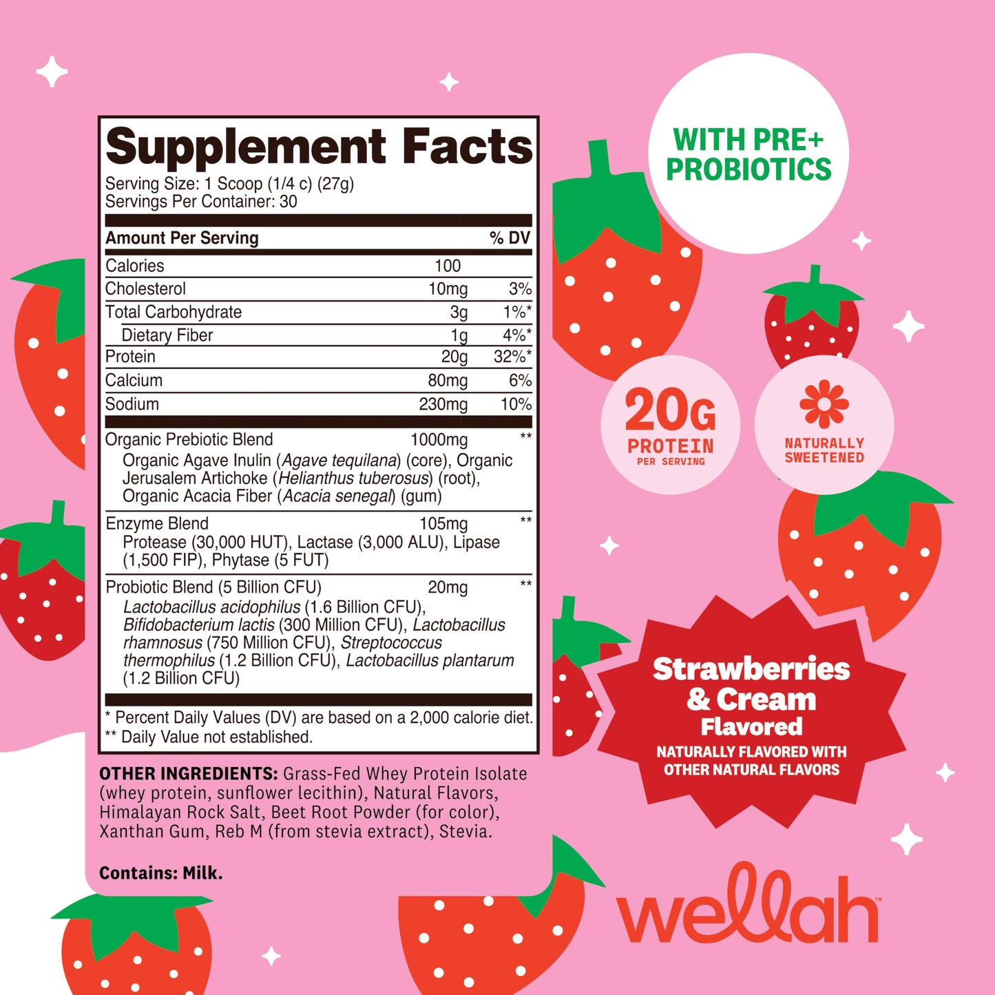 Wellah Grass-Fed Whey Protein Isolate Powder (Strawberries & Cream) 29.1 Servings