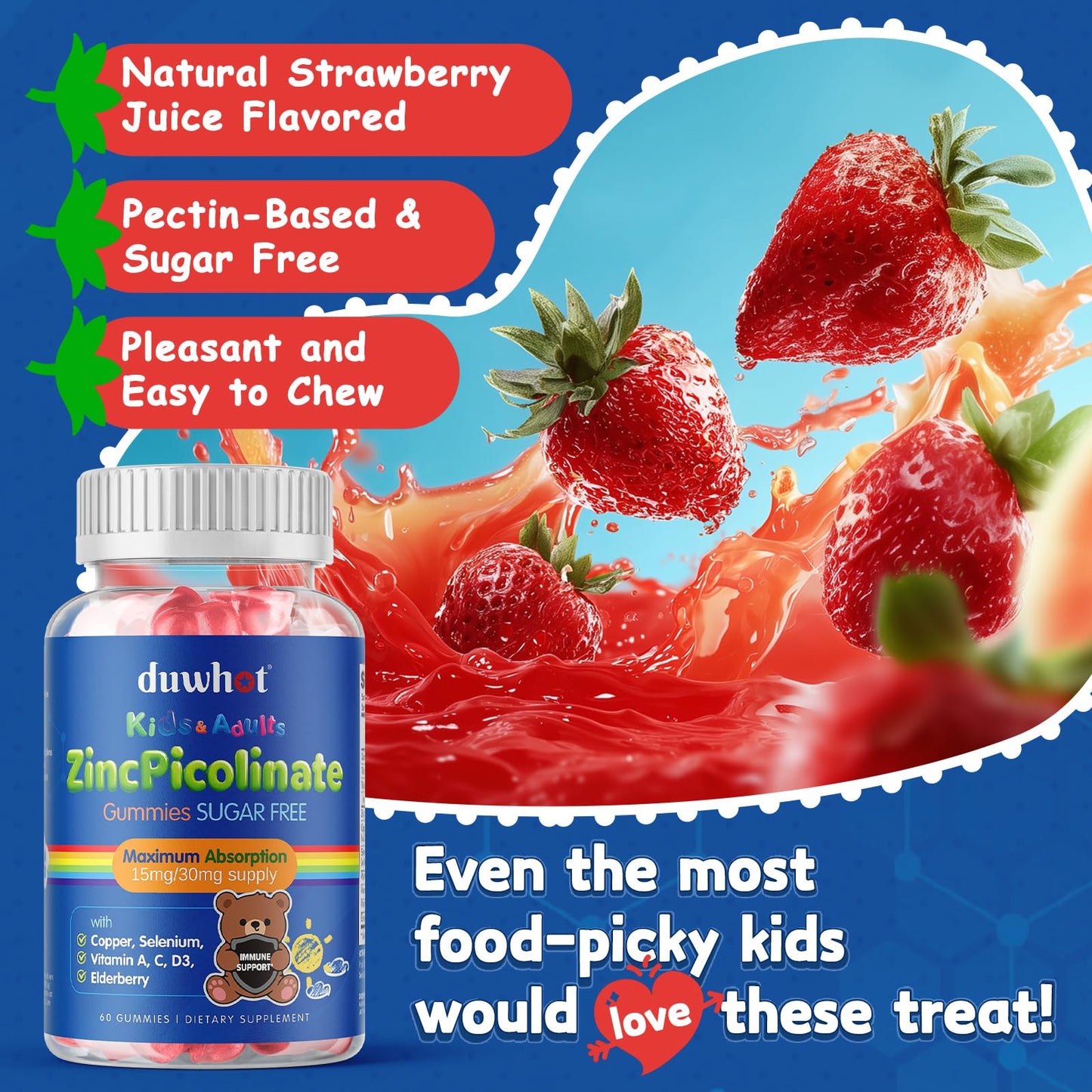 duwhot Zinc Picolinate 30mg Gummies with Copper, High Absorption Form, with Selenium, Elderberry, for Kids Teens Growth, Skin & Immune Health, Sugar Free, 60 Gummies