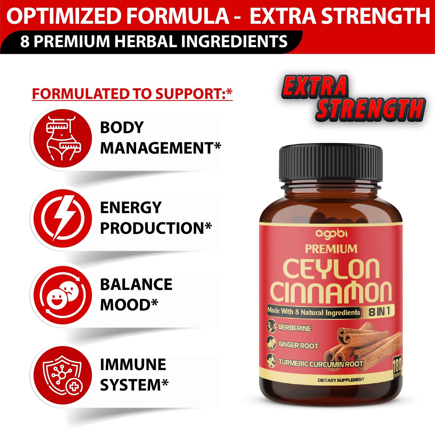 agobi Premium Ceylon Cinnamon with Berberine Supplement - 8in1 Turmeric, Ginger, Gymnema & More - Body, Heart & Overall Vitality Capsules 180