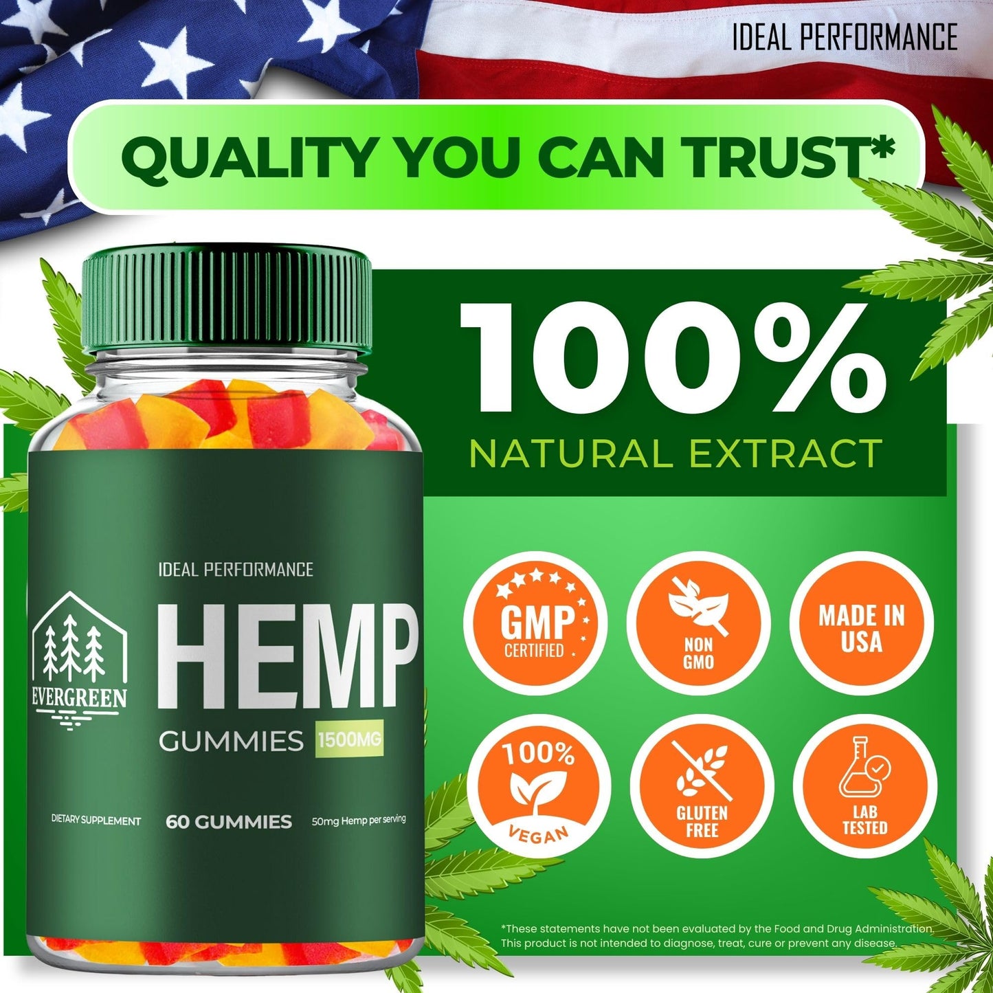 IDEAL PERFORMANCE Evergreen Hemp Gummies Gummy, 180 Count