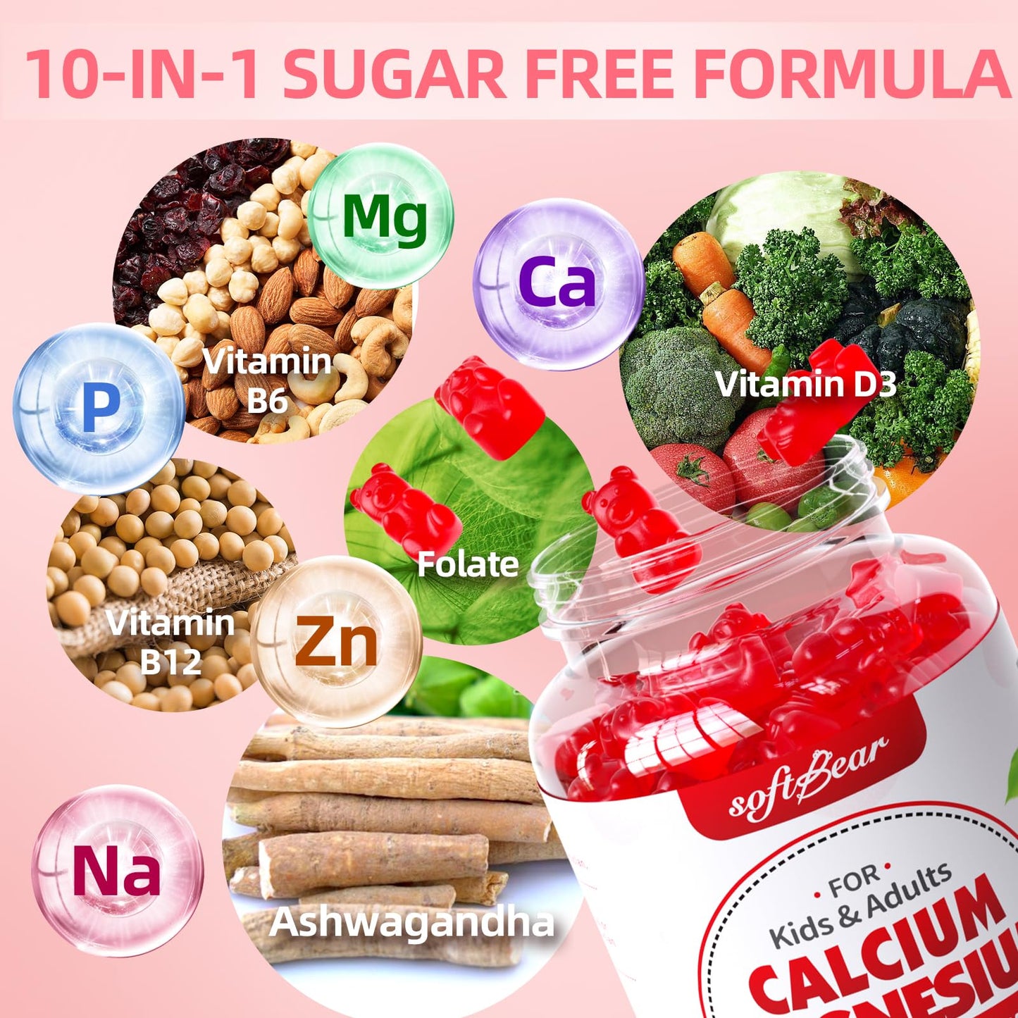 softbear Calcium Magnesium Zinc Gummies for Women with Vitamin D3, Vegan Sugar-Free Raspberry Flavor, 60 Gummies