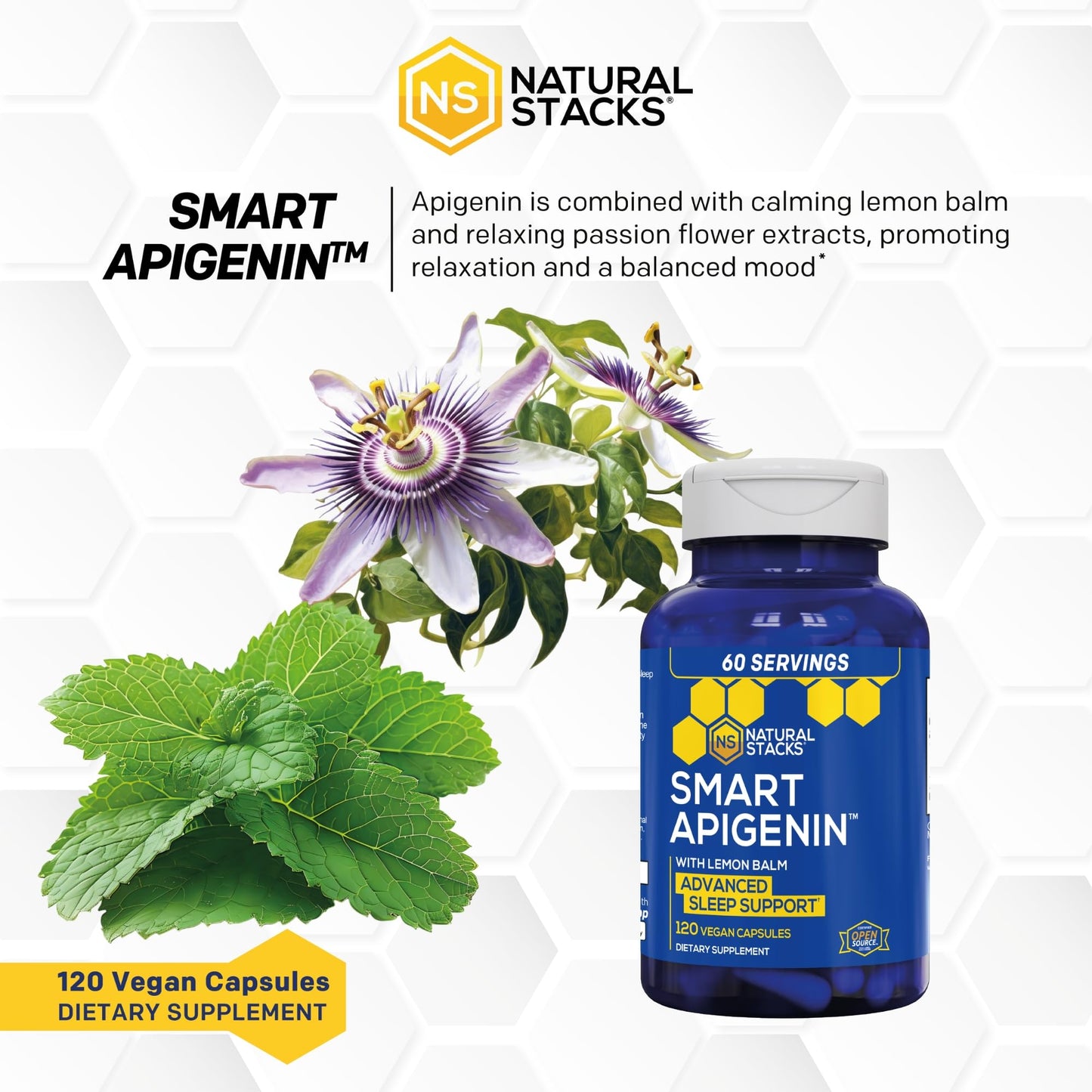 Natural Stacks Apigenin 50mg Sleep Supplement With Lemon Balm 600mg Capsules, 120 Capsules