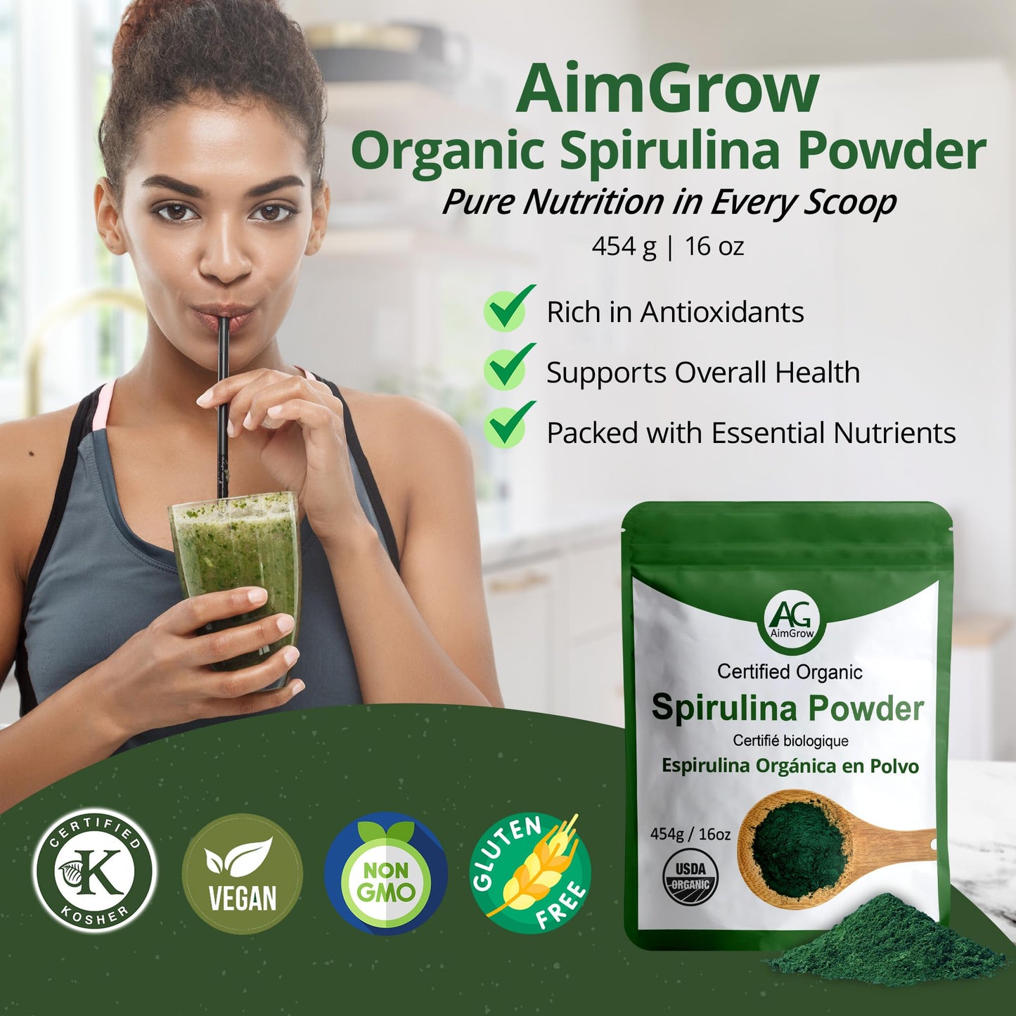 Aimgrow Organic Spirulina Powder 16.01 oz