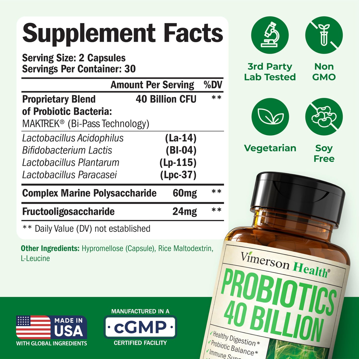 Vimerson Health Probiotics for Women & Men, 40 Billion CFU Prebiotics for Gut Health Capsules 60 Count