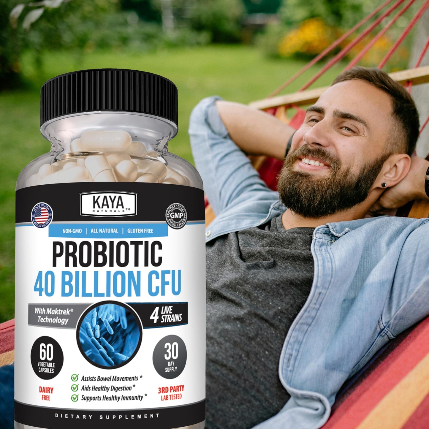 Kaya Naturals Probiotic 40 Billion CFU, Prebiotic, 4 Strains, 60 Capsules