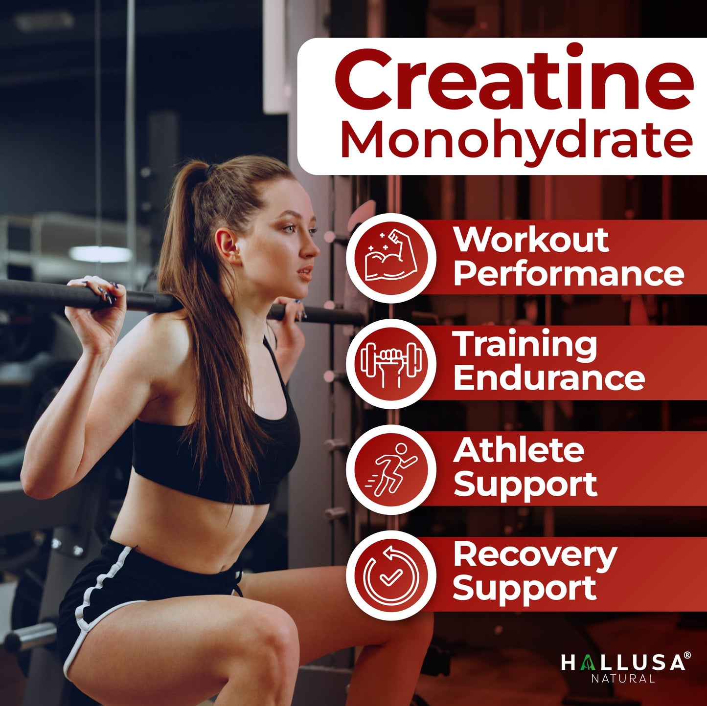 Hallusa Natural Creatine Monohydrate Capsules, 60 Capsules