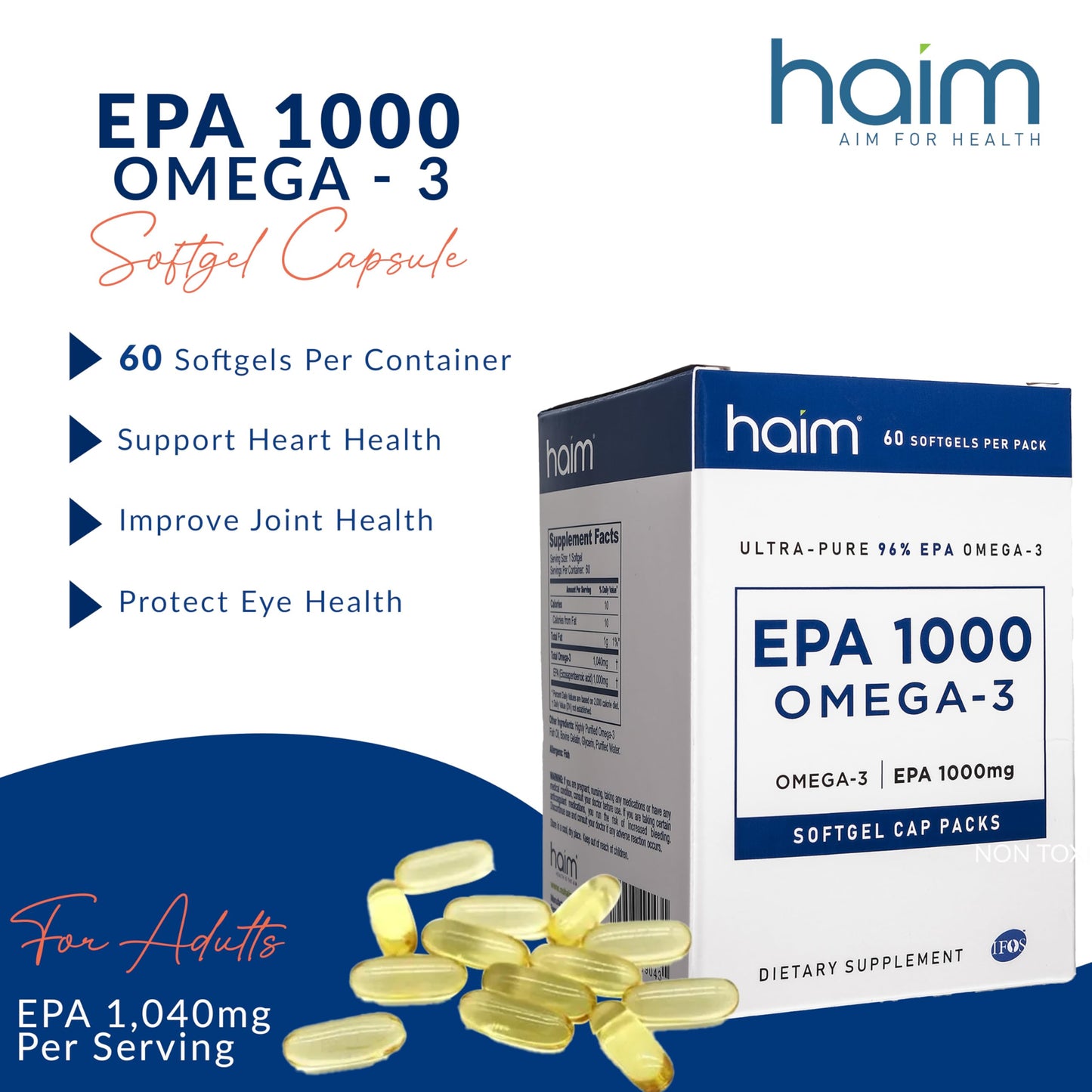 HAIM EPA1000 High-Potency EPA Fish Oil Supplement Softgels 60