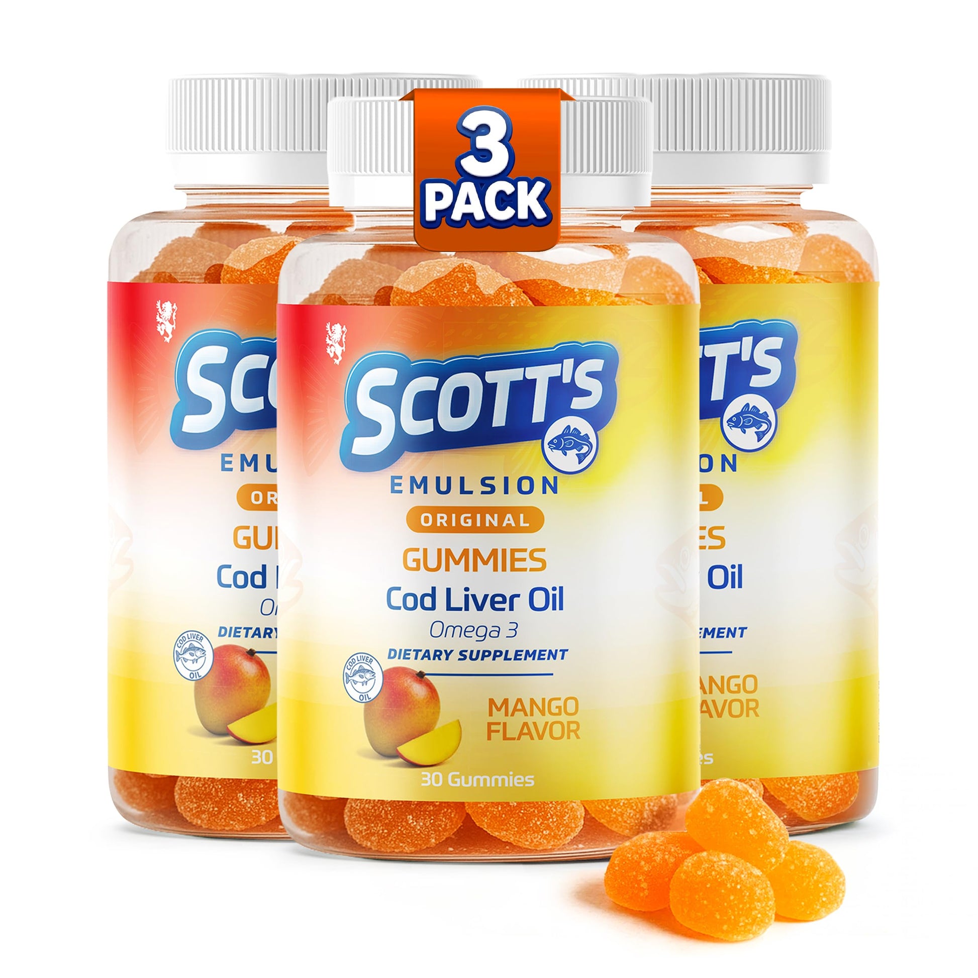 SCOTT'S EMULSION Cod Liver Oil Omega 3 Fish Oil Kids Gummies Mango 90 Count
