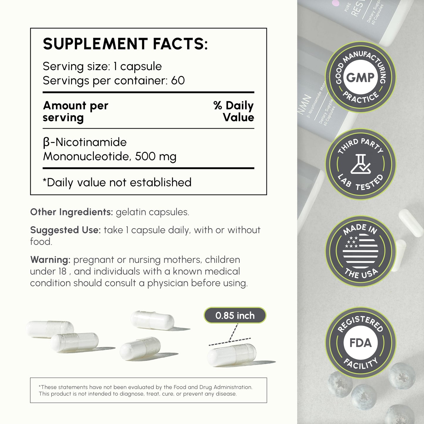 partiQlar Pure NMN Supplement 500mg - High Purity NAD+ Booster Capsules, 60 Capsules