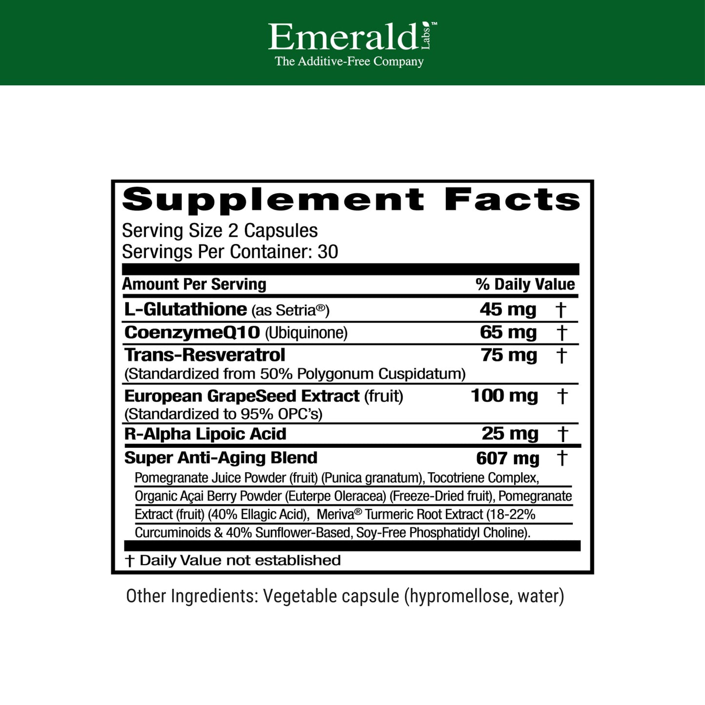 Emerald Laboratories Anti-Aging Complex with L-Glutathione, Resveratrol, CoQ10, R-Alpha Lipoic Acid, Meriva, Pomegranate and More 60 Capsules