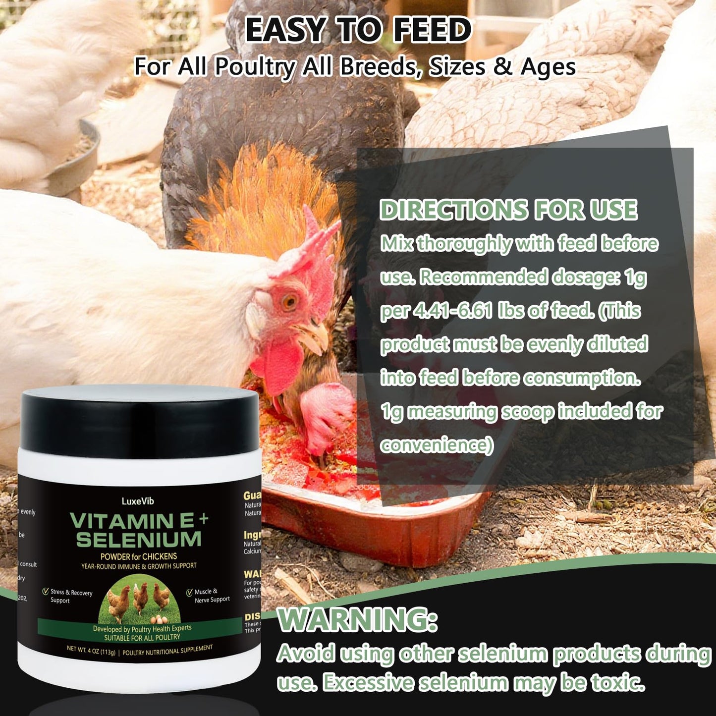 LuxeVib Selenium & Vitamin E Powder for Chickens, 1 Ounce