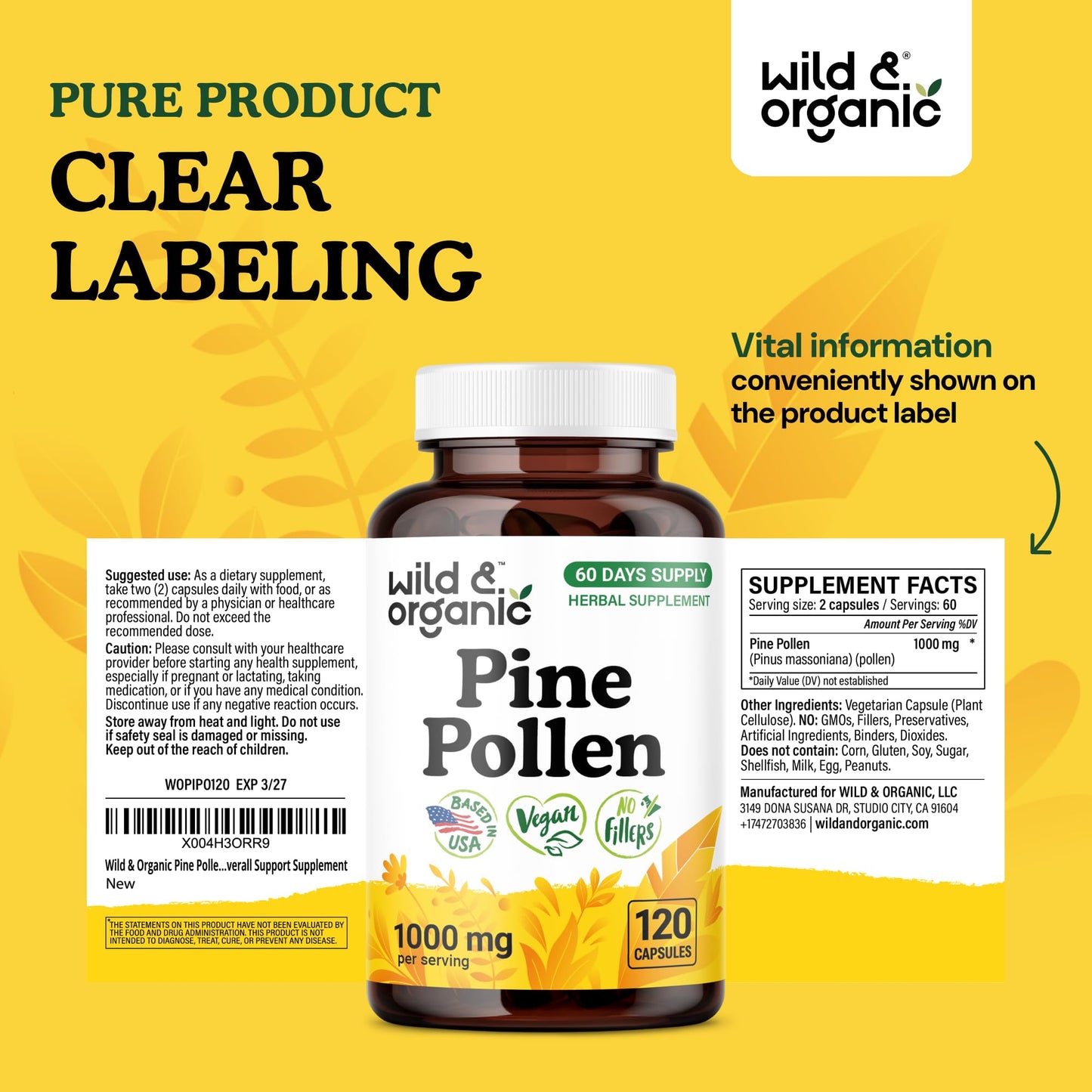 Wild & Organic Pine Pollen for Men Capsules 1000 mg, 120 Count