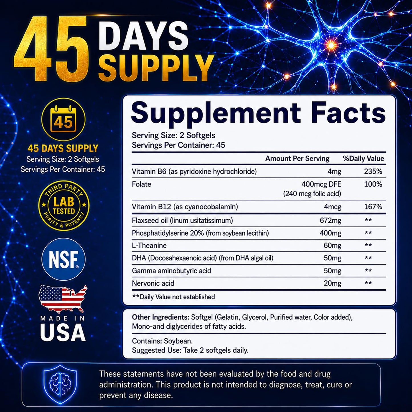 CUIXO Brain Supplement Memory & Focus, Nootropic Support with Phosphatidylserine Softgels 90 Count