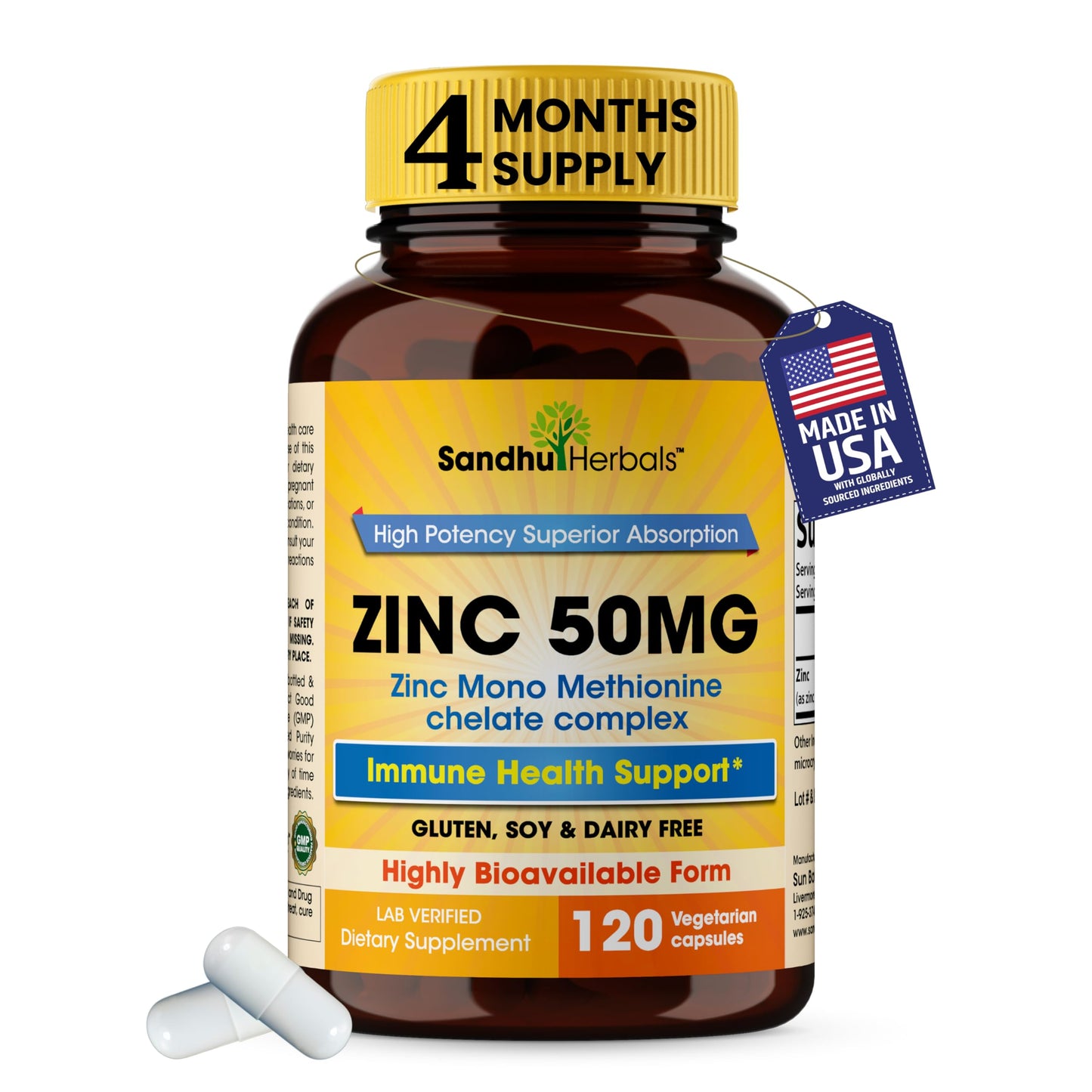 SANDHUHERBALS Zinc 50mg Capsules, 120 Count