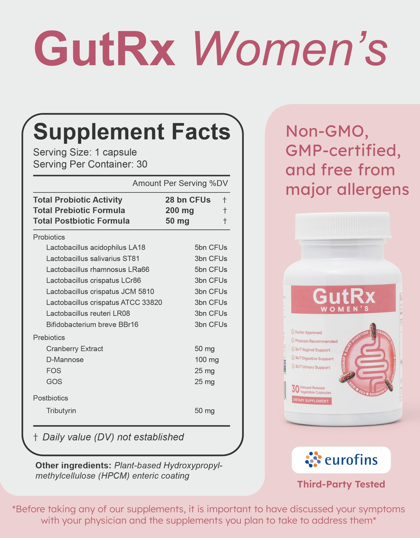 GutRx Women's Probiotic with Cranberry, D-Mannose & Prebiotics 30 Capsules